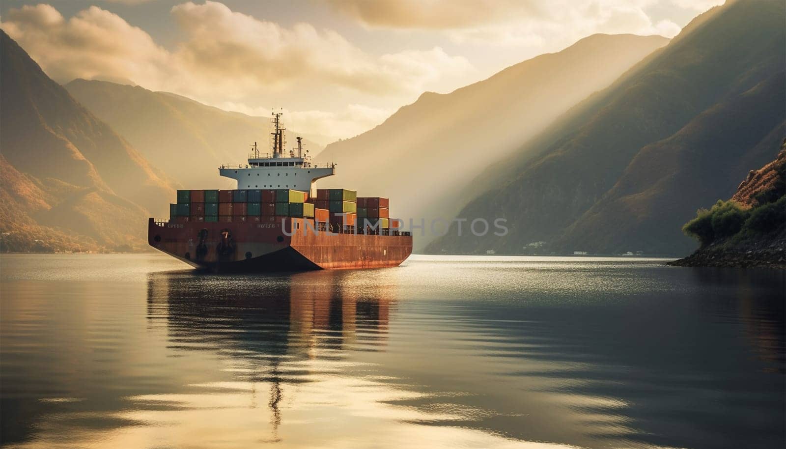 Illustration with a dry-cargo ship at sea, ocean. Commerce shipping, delivery of goods. Cartoon bulk-carrier on mountain background. Nautical boat, a marine vessel with metal containers with beautiful landscape sunrise