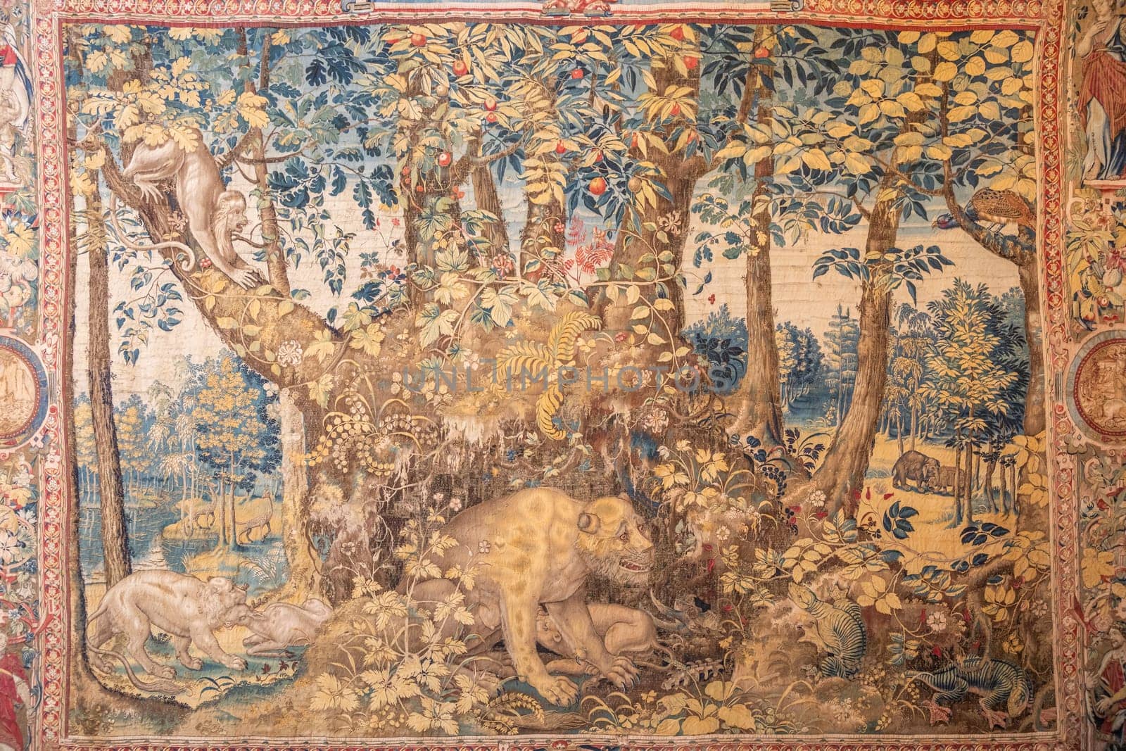 Isola Bella, Italy - 1 August 2023: detail of antique Italian tapestry in Borromeo Palace. Ancient decoration on indoor walls, fantasy creature