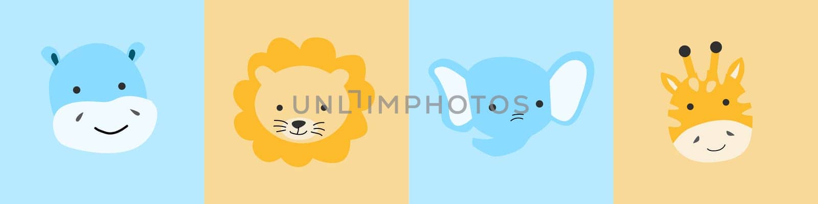 cute jungle animal head - set. Cartoon nursery illustration. Baby animal portraits. Vector in blue and orange colors.