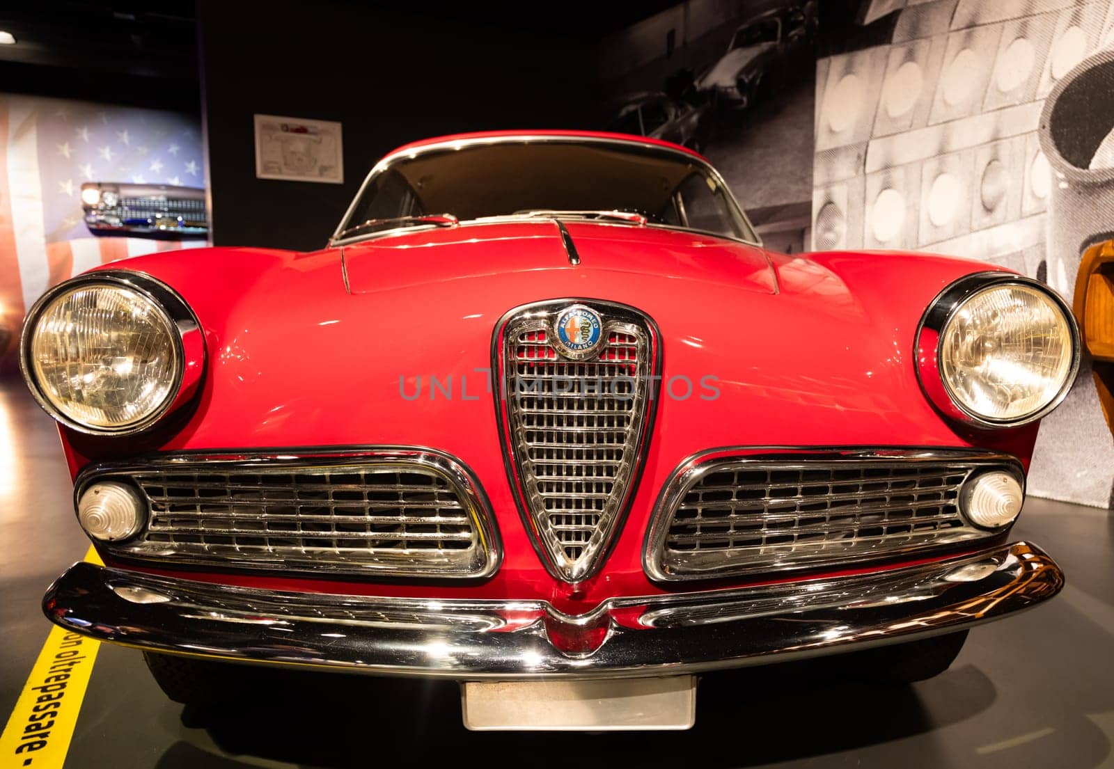 Turin, Italy - 11 november 2023: Car Museum. Alfa Romeo Giulietta Sprint, 1954. Red spider, Italian luxury classic design.