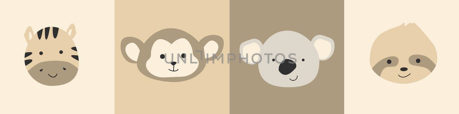 Cute baby safari animal faces vector illustration. The set includes zebra, monkey, sloth, koala. Vector illustration can use for nursery print, clothes, cards, postcards, avatars.