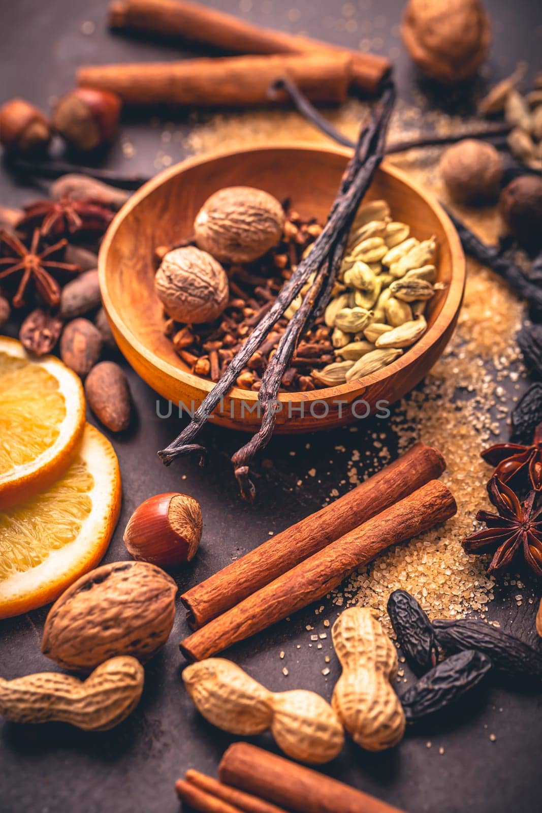 Christmas spices and baking ingredients, assorted condiments for baking, mulled wine and cooking