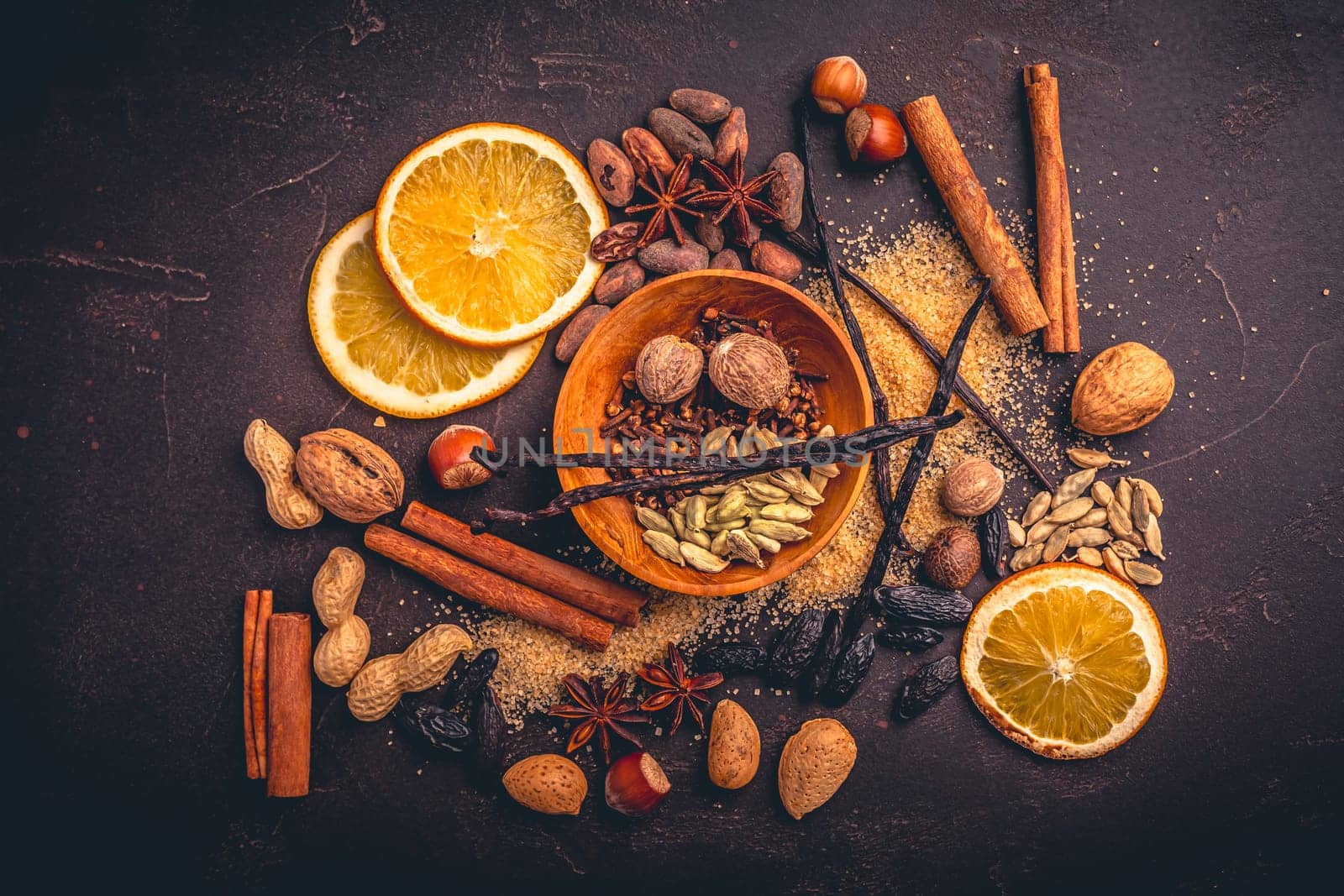 Christmas spices and baking ingredients, assorted condiments for baking, mulled wine and cooking