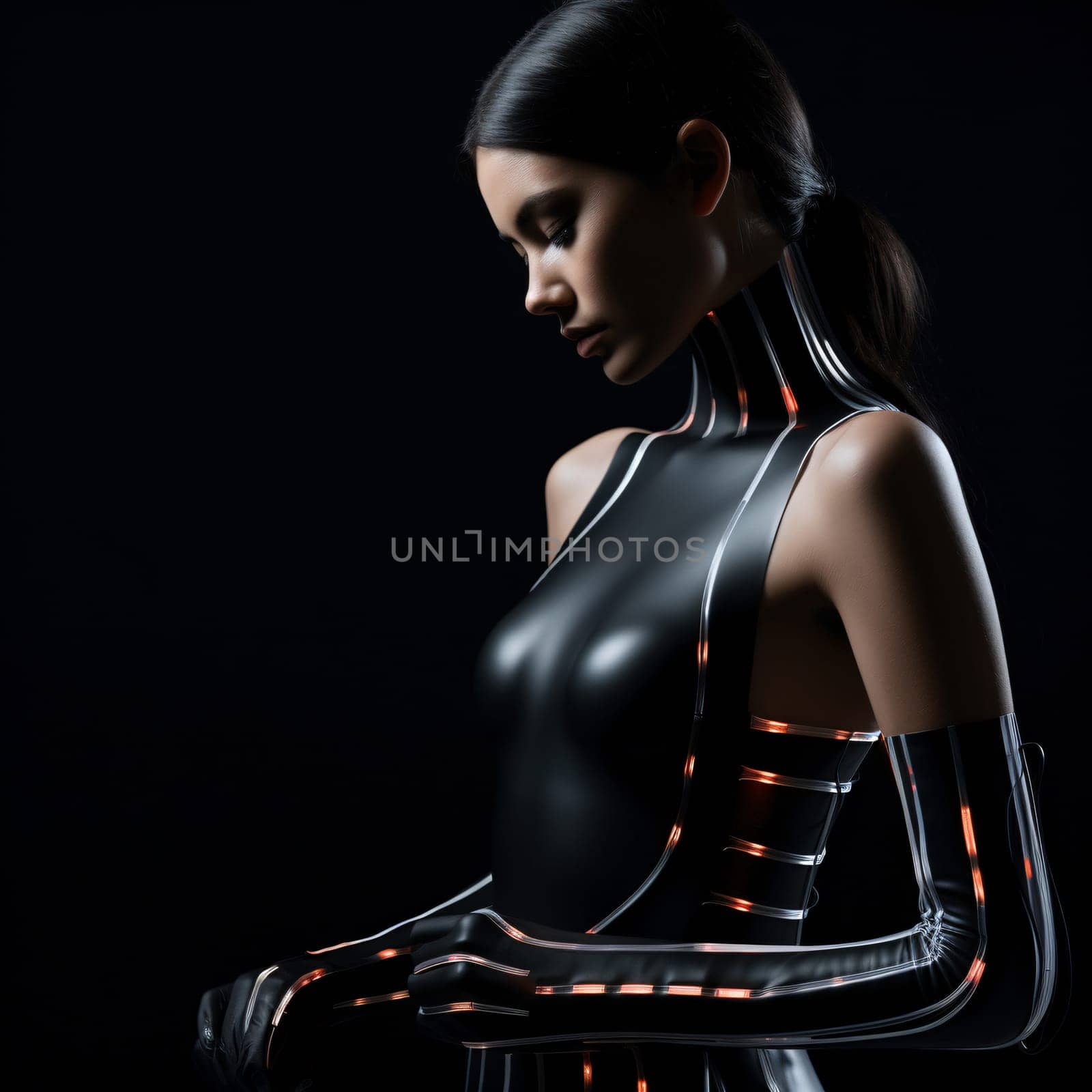 Sustainable fashion with flexible batteries and smart textiles. Flexible battery power in clothing industry. Wearable technology. Wearable innovation. A model wearing futuristic outfit. Generative AI.