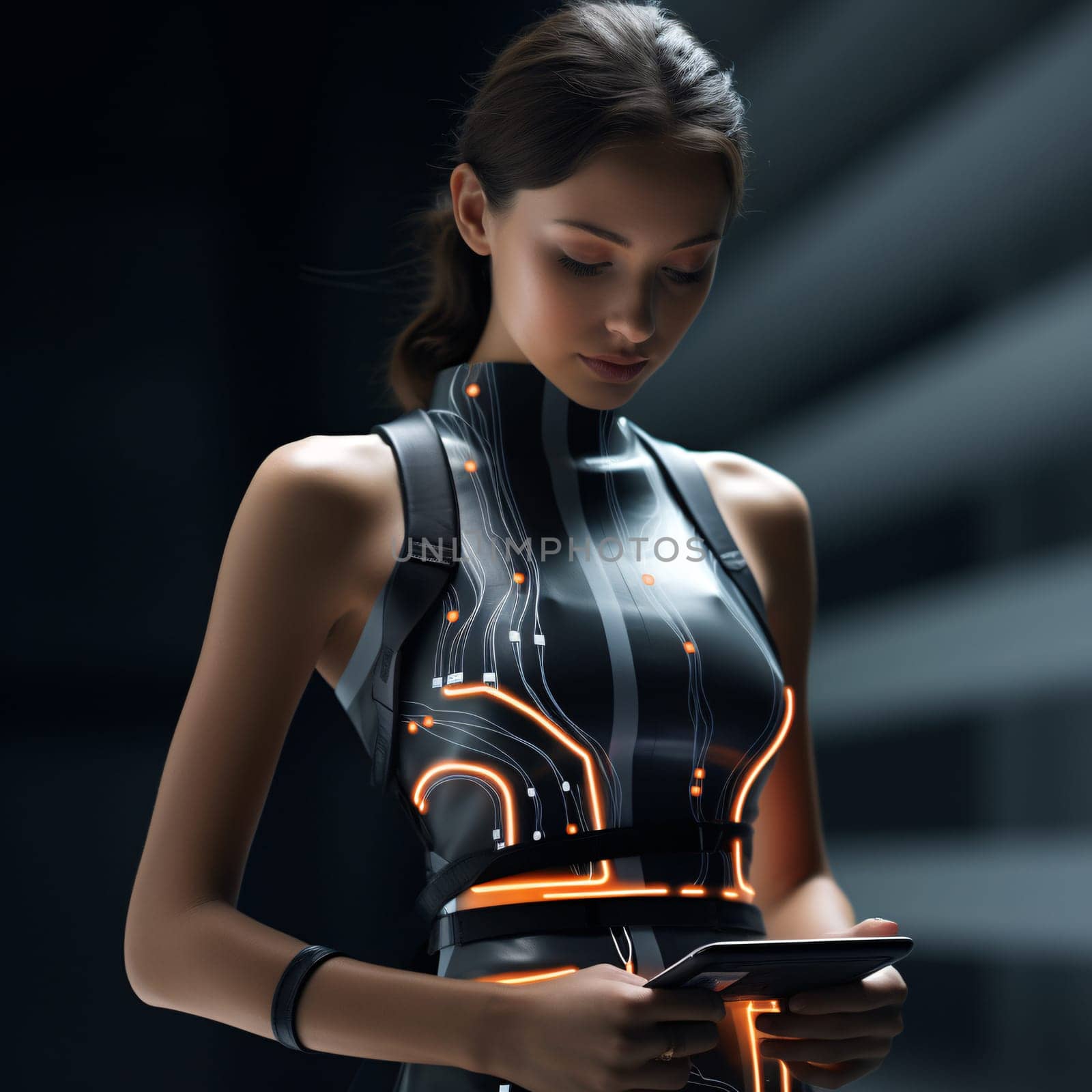 Sustainable fashion with flexible batteries and smart textiles. Flexible battery power in clothing industry. Wearable technology. Wearable innovation. A model wearing futuristic outfit. Generative AI.