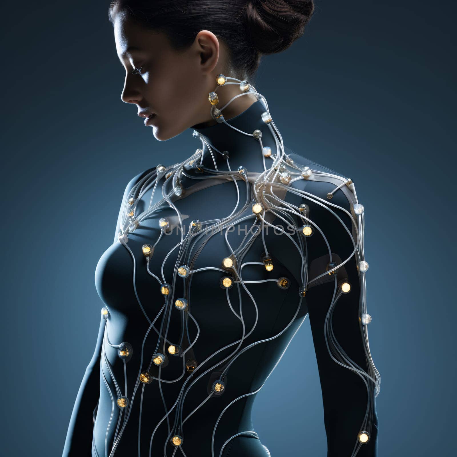Sustainable fashion with flexible batteries and smart textiles. Flexible battery power in clothing industry. Wearable technology. Wearable innovation. A model wearing futuristic outfit. Generative AI.