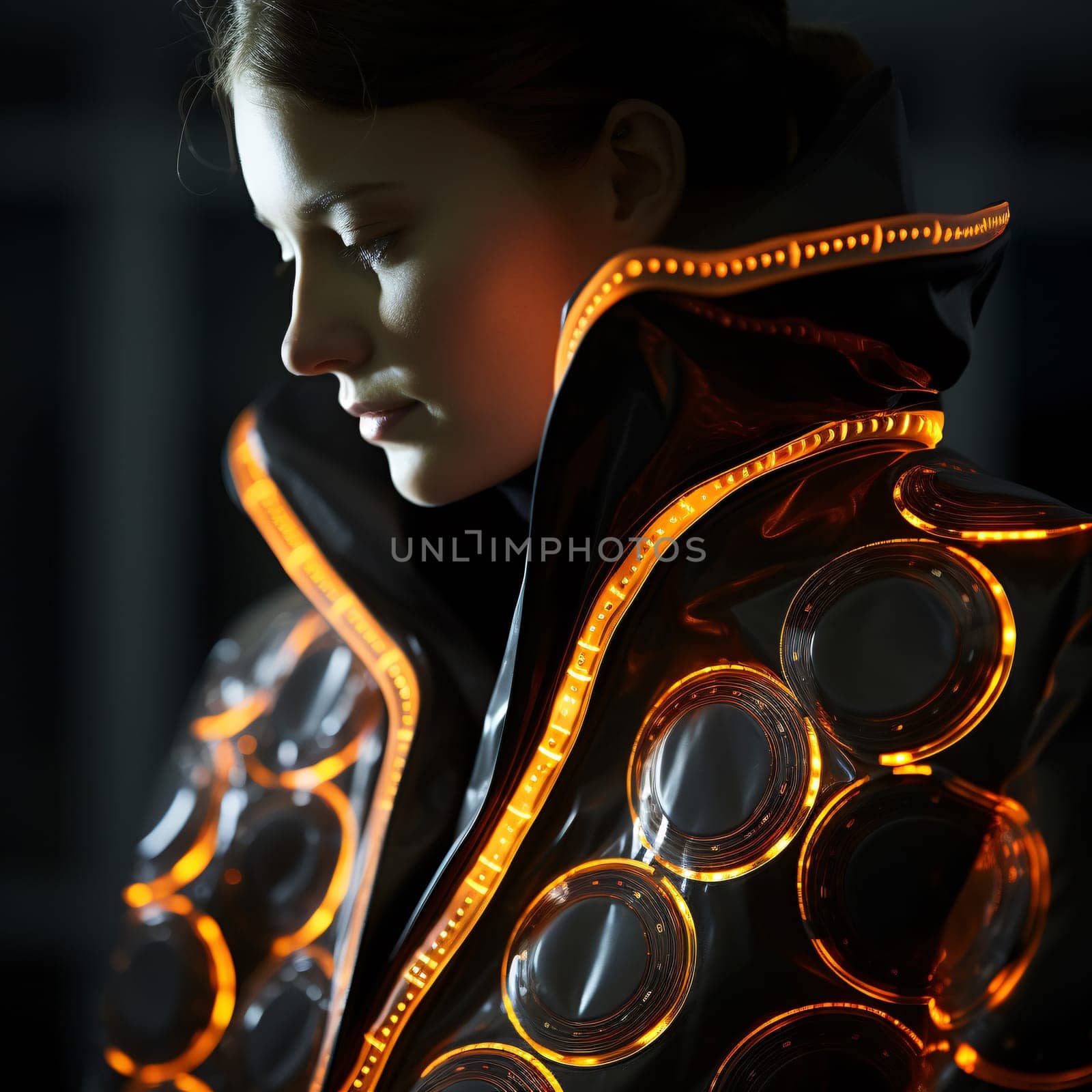 Sustainable fashion with flexible batteries and smart textiles. Flexible battery power in clothing industry. Wearable technology. Wearable innovation. A model wearing futuristic outfit. Generative AI.