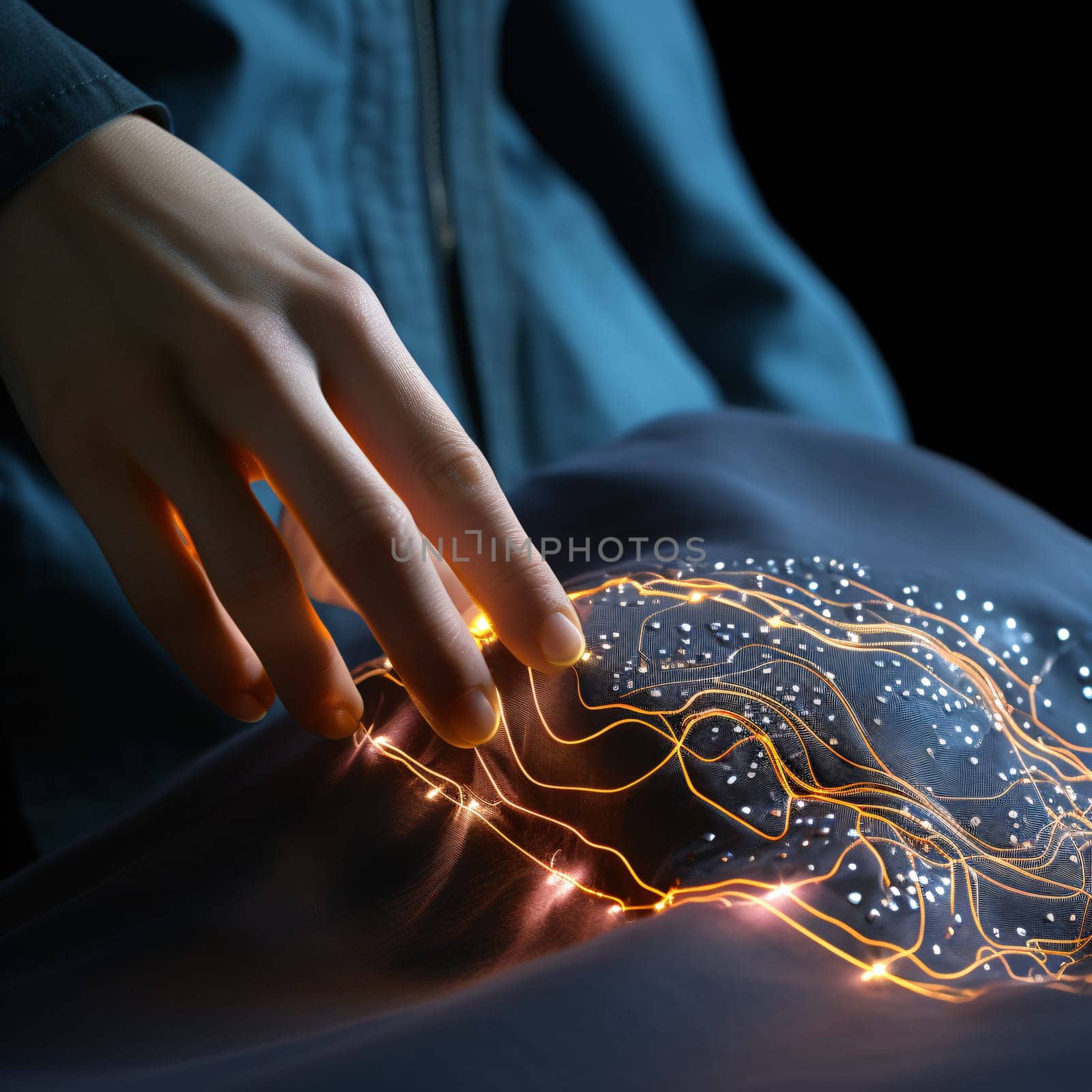 Sustainable fashion with flexible batteries and smart textiles. Flexible battery power in clothing industry. Wearable technology. Wearable innovation. A model wearing futuristic outfit. Generative AI.