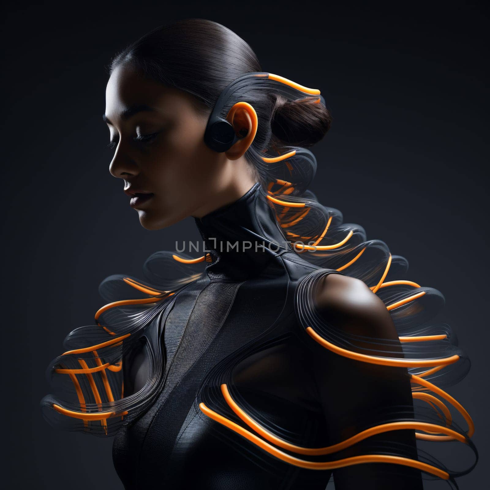Sustainable fashion with flexible batteries and smart textiles. Flexible battery power in clothing industry. Wearable technology. Wearable innovation. A model wearing futuristic outfit. Generative AI.