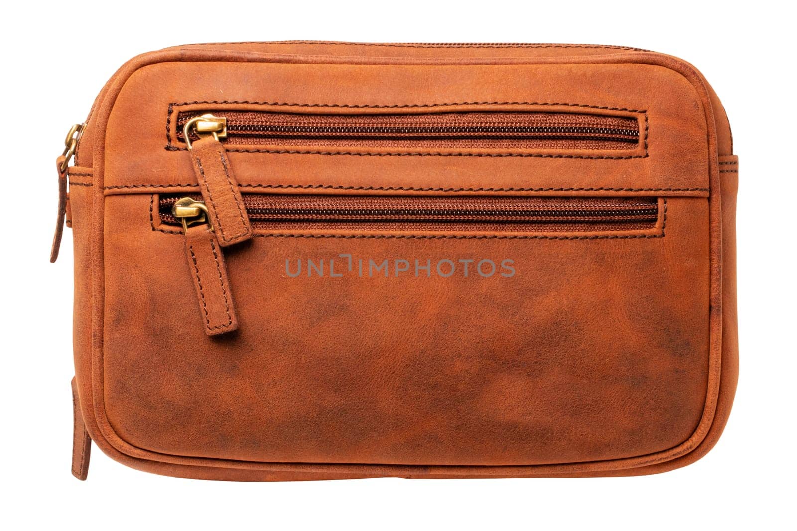 Leather handbag isolated. Close-up of brown businessman luxury leather wrist handbag. Clipping Path. Fashionable brown leather briefcase or bag for men.