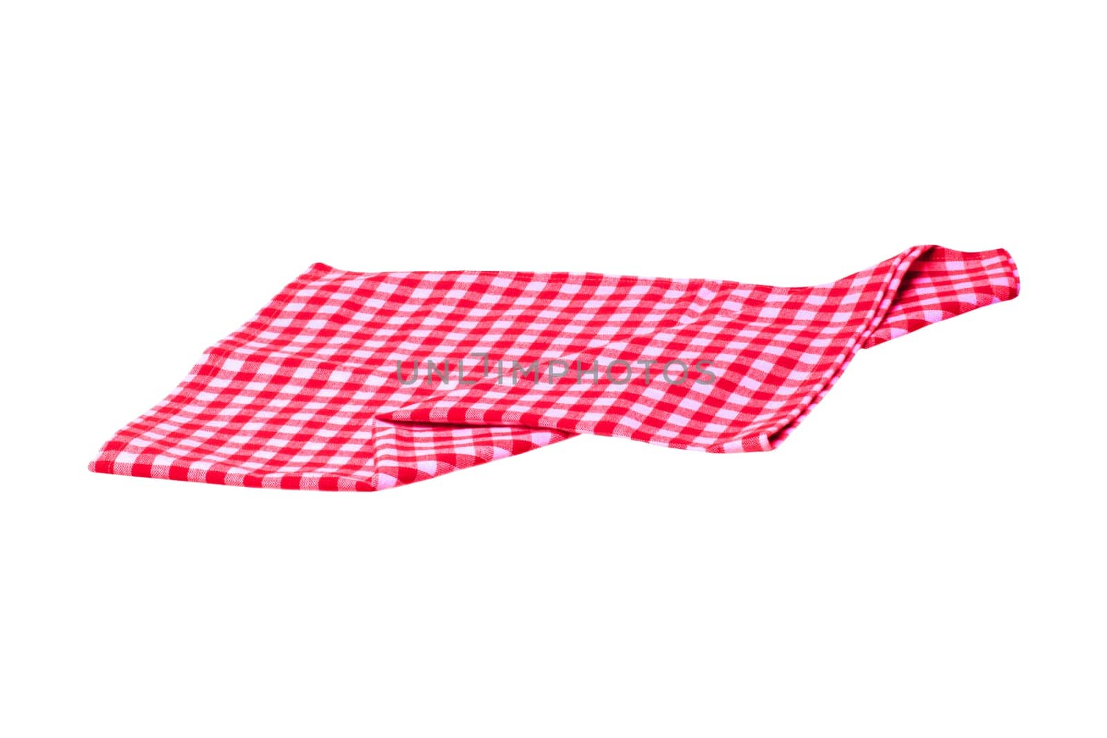 Closeup of a red and white checkered napkin or tablecloth texture isolated on white background. Clipping path. Kitchen accessories. Top view.