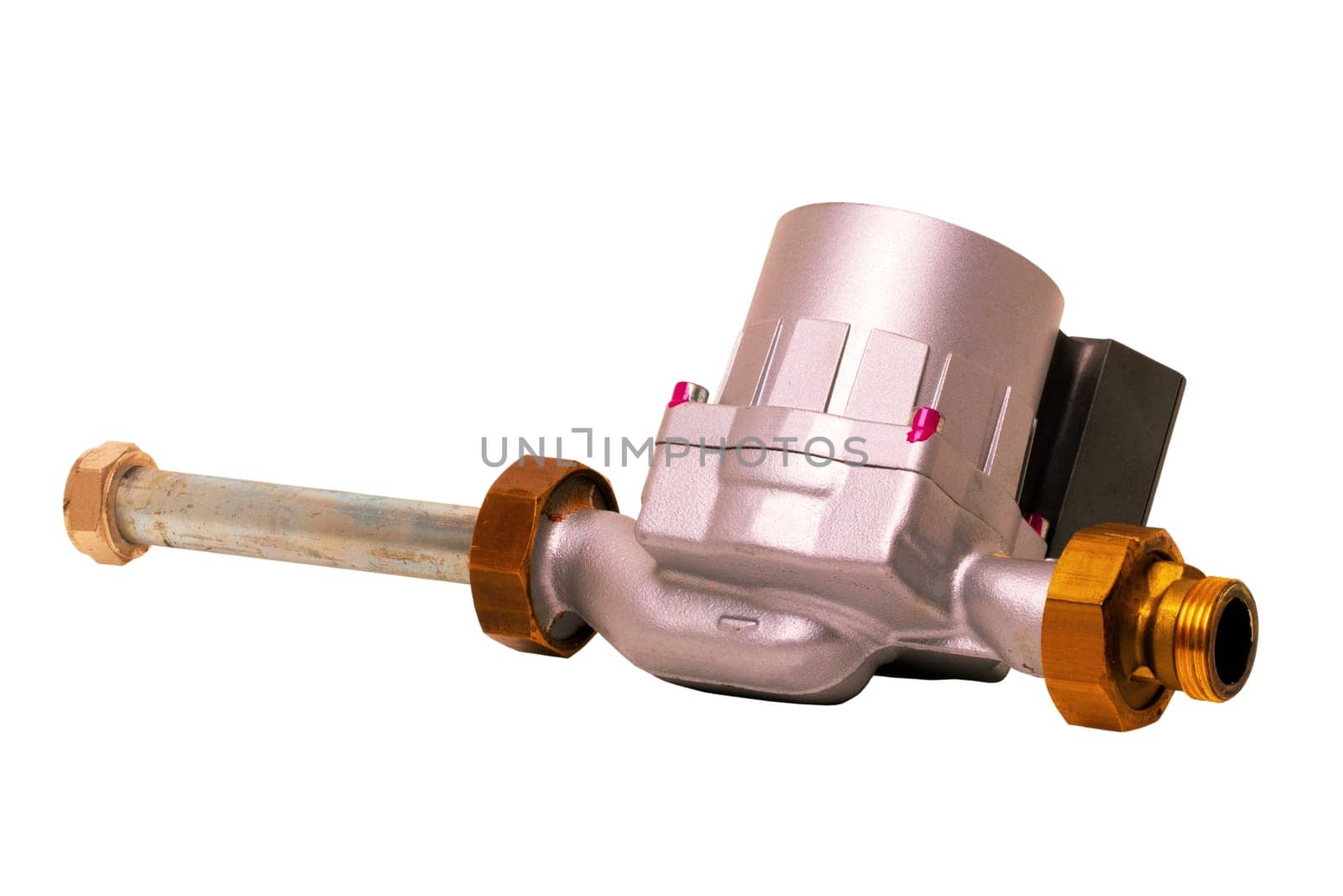 Electric circulation pump of a condensing gas heating system isolated on a white background. Used spare parts for condensing gas heaters. Gas boiler repair. Macro.