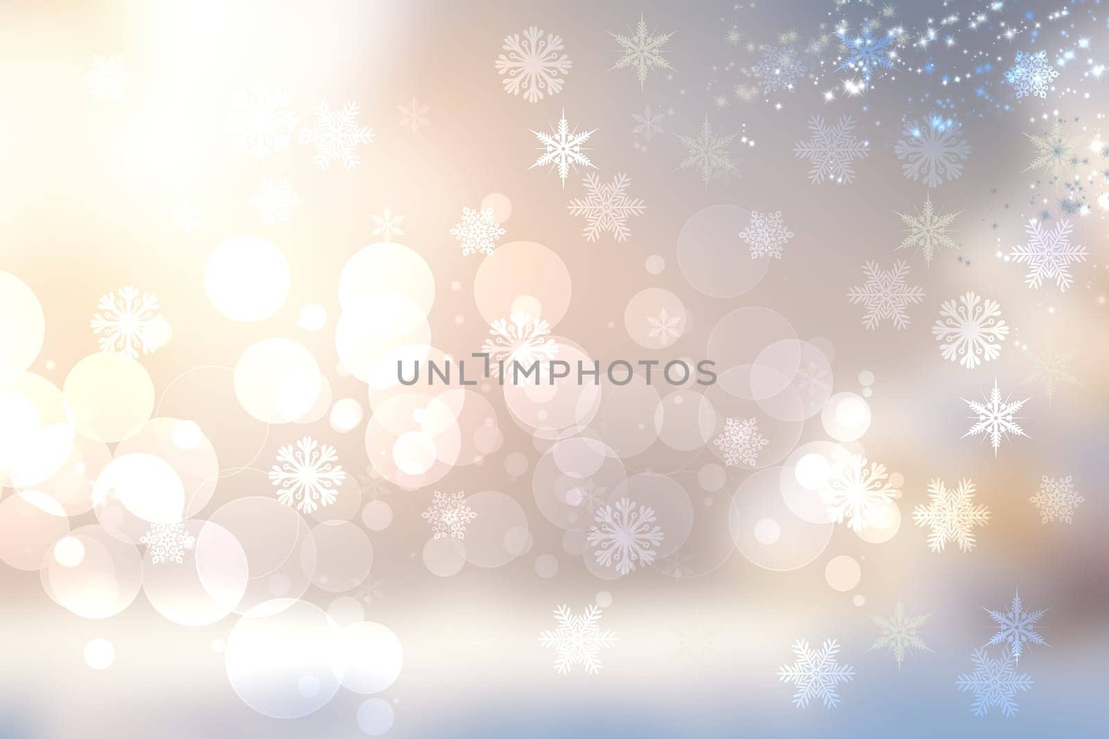 Winter background. A festive abstract Happy New Year or Christmas background texture with golden yellow blurred bokeh lights and stars. Space for design. Card concept or advertising.