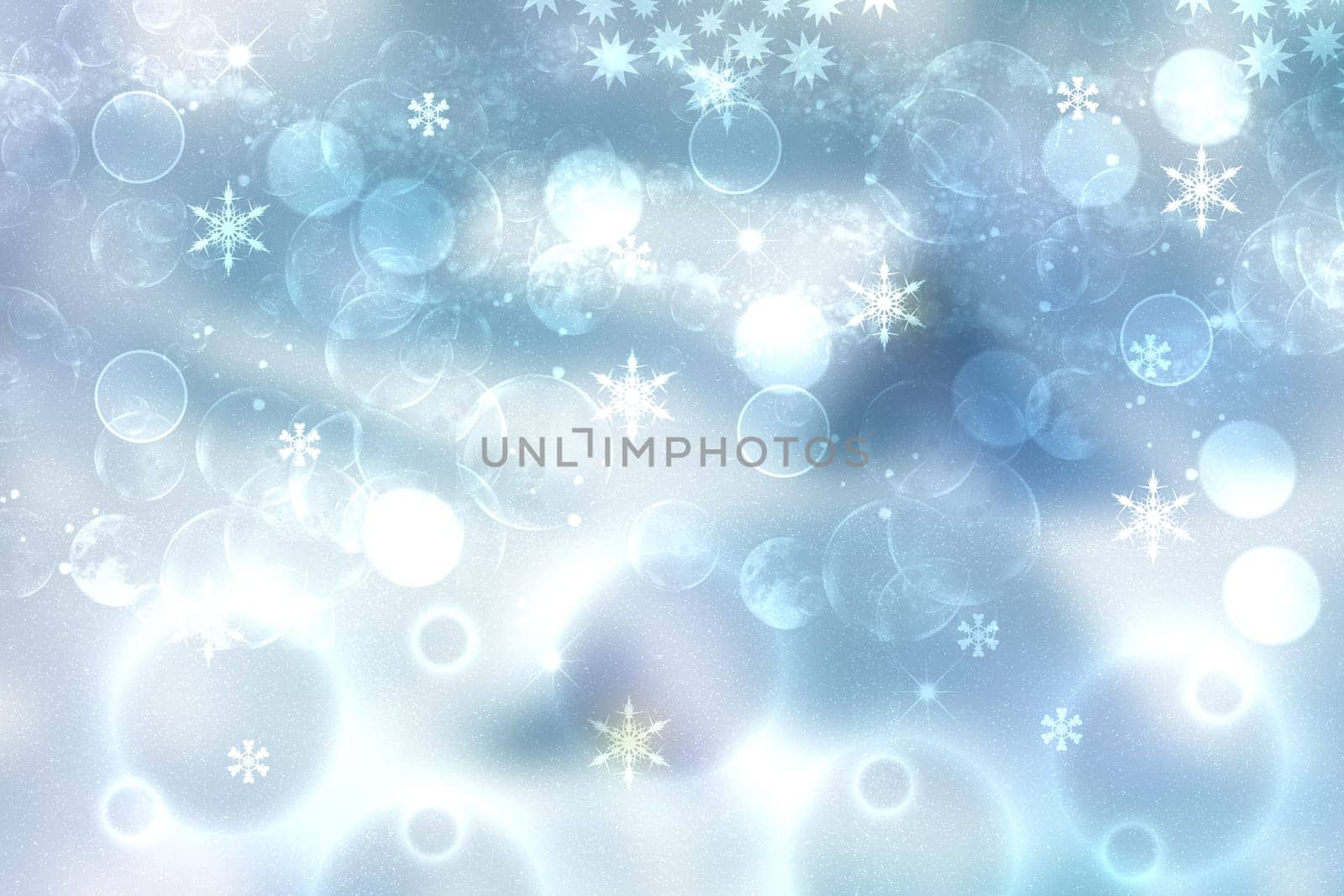 Christmas card template. Abstract festive blue winter christmas background texture with a pastel bokeh lighted xmas baubles and stars. Beautiful card design. Space.