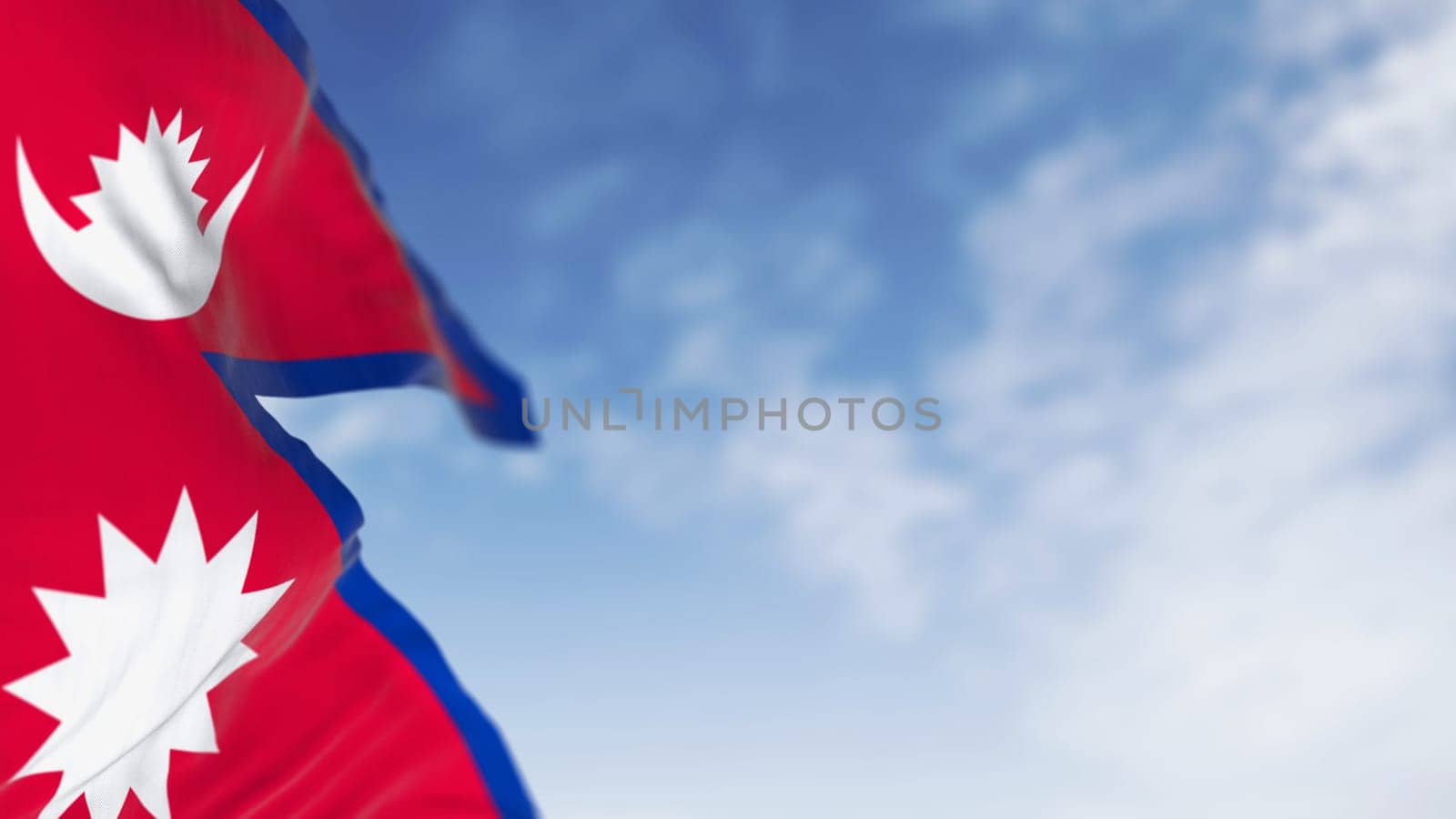 Close-up of Nepal National flag waving in the wind on a clear day. The only Non-quadrilateral national flag in the world. 3d illustration render. Rippling fabric. Selective focus