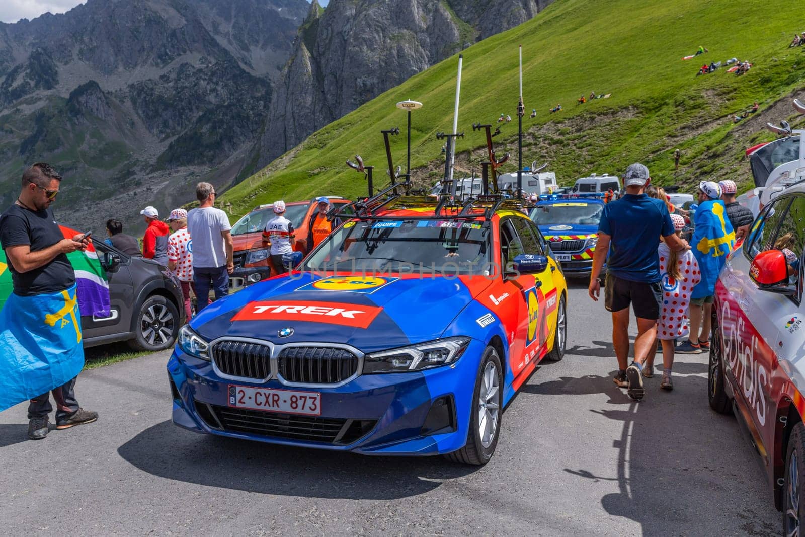 Col du Tourmalet, France - July 06 2023: Caravan car at the top of the Col du Tourmalet in Pyerenees mountains during the stage 6 of Le Tour de France 2023