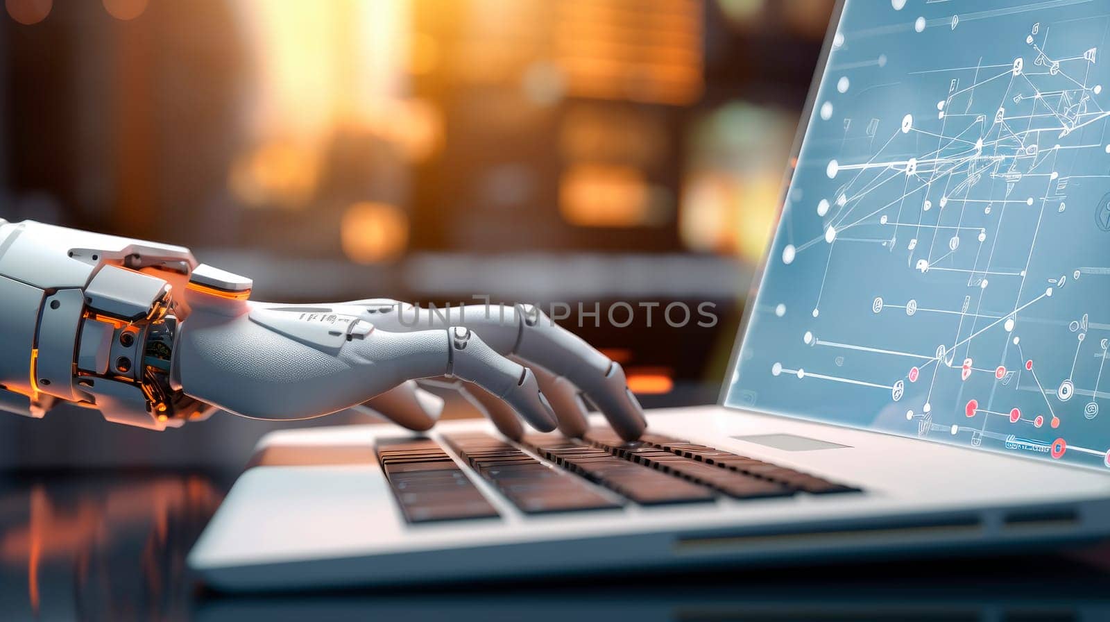 Robotic arm working with computer keyboard. Business data analytics programming online, digital world technology. AI generated