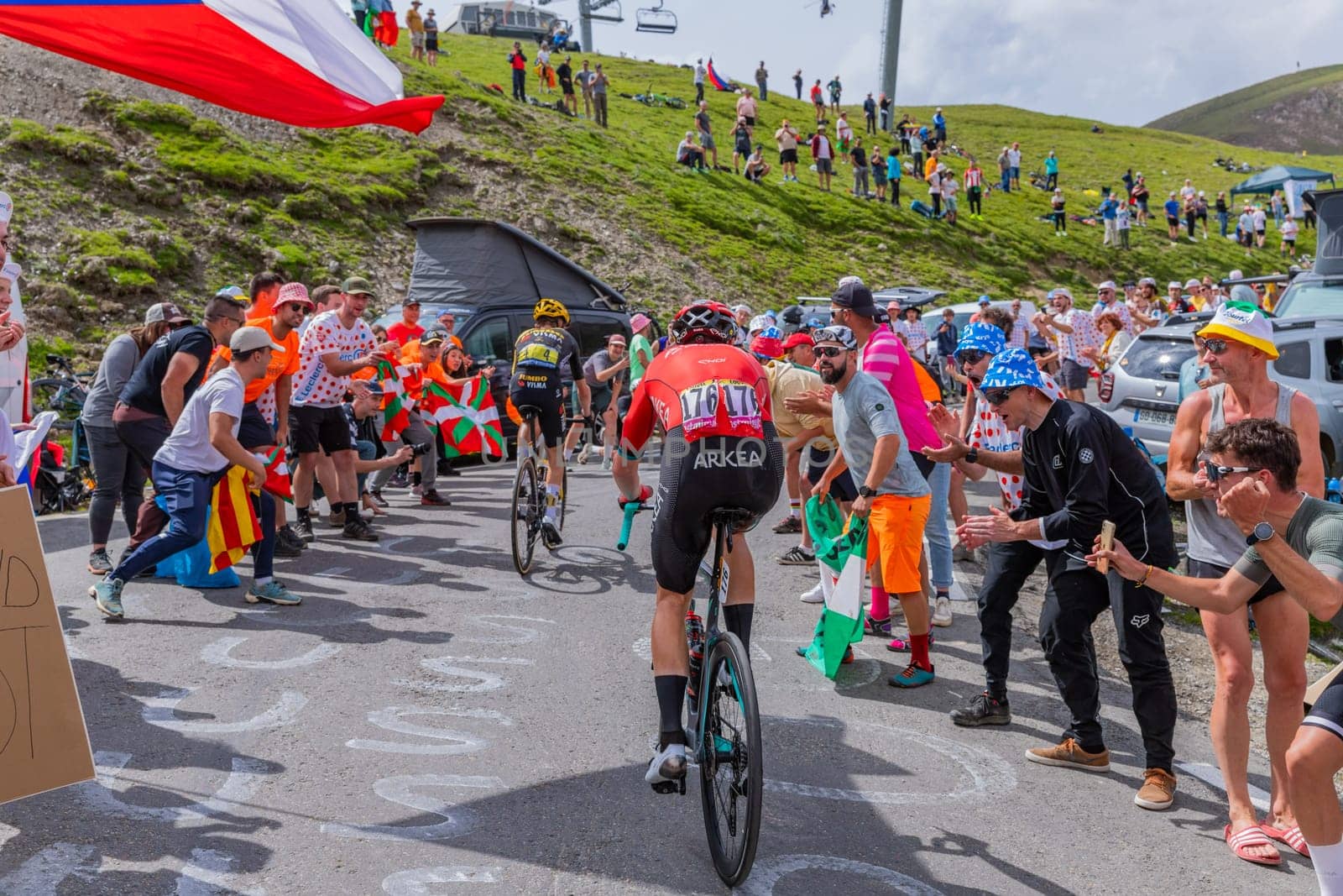Col du Tourmalet, France - July 06 2023: Matis Louvel climbig the road to Col du Tourmalet in Pyerenees mountains during the stage 6 of Le Tour de France 2023.