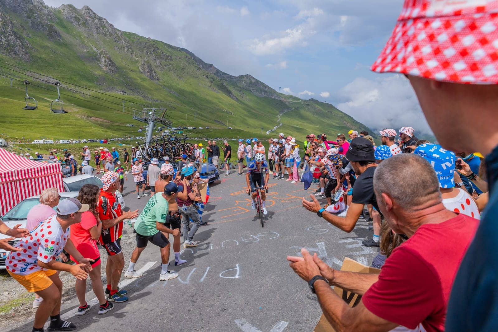 Col du Tourmalet, France - July 06 2023: Mathieu van der Poel climbig the road to Col du Tourmalet in Pyerenees mountains during the stage 6 of Le Tour de France 2023.