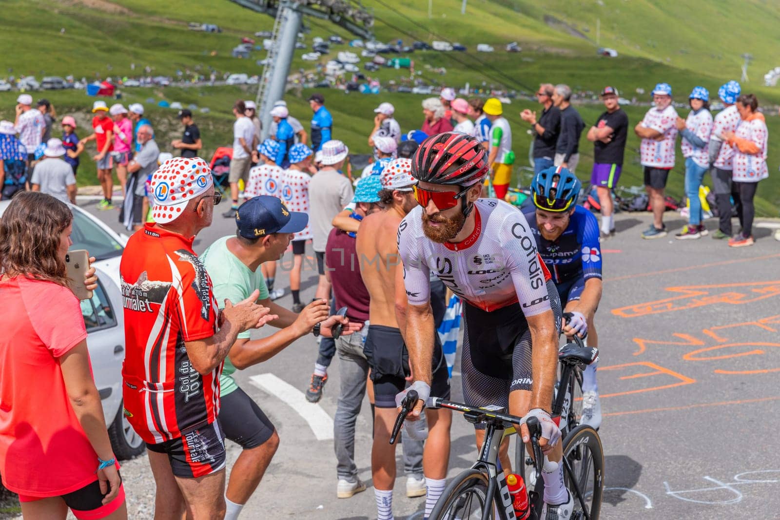Col du Tourmalet, France - July 06 2023: Simon Geschke climbig the road to Col du Tourmalet in Pyerenees mountains during the stage 6 of Le Tour de France 2023.