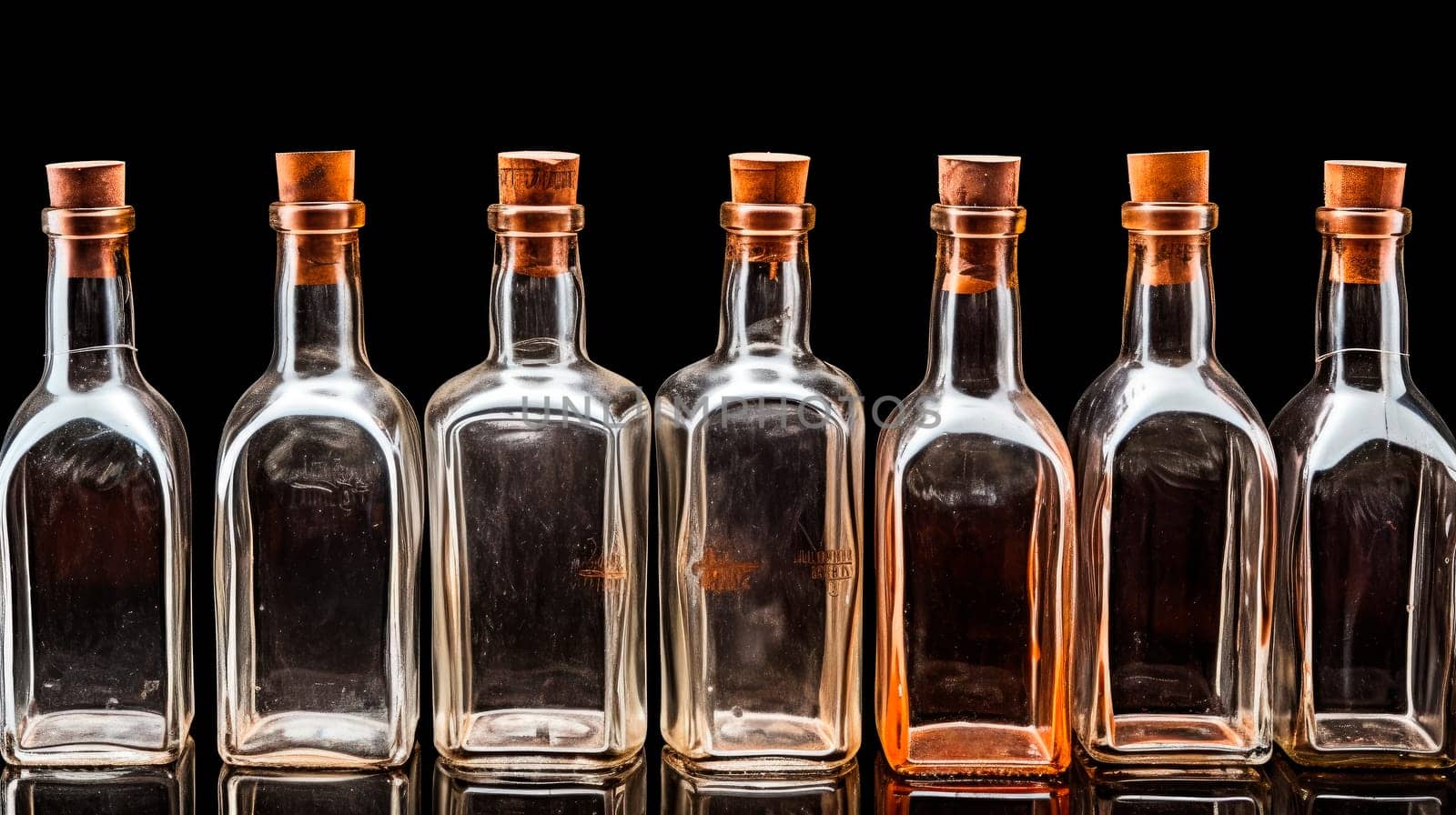 Group of vintage bottles. Transparent old glass containers to recycle or repurpose. AI generated