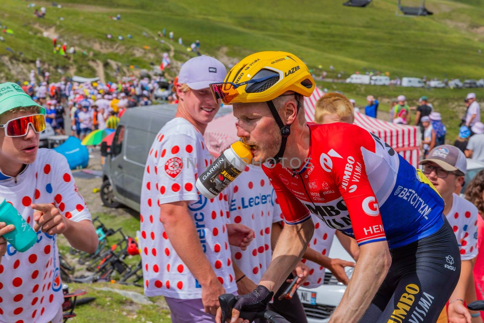 Col du Tourmalet, France - July 06 2023: Dylan van Baarle climbig the road to Col du Tourmalet in Pyerenees mountains during the stage 6 of Le Tour de France 2023.