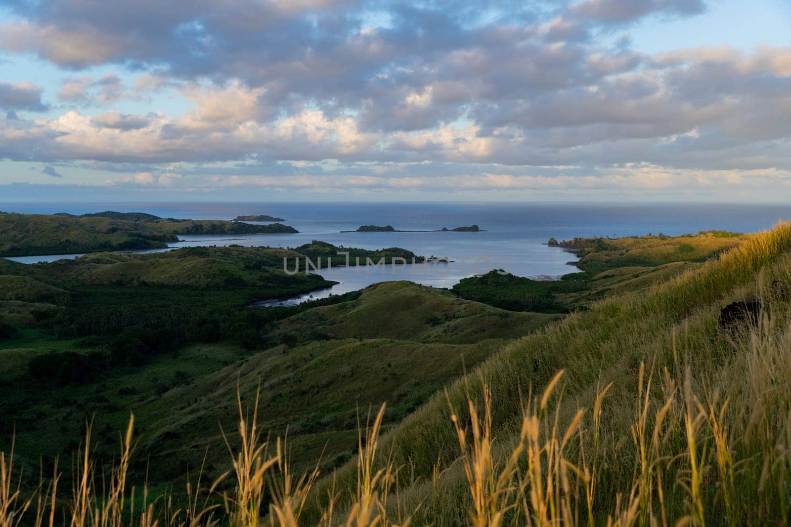 Top view of Nacula island at sunset, Yasawa island group, Fiji, South Pacific islands