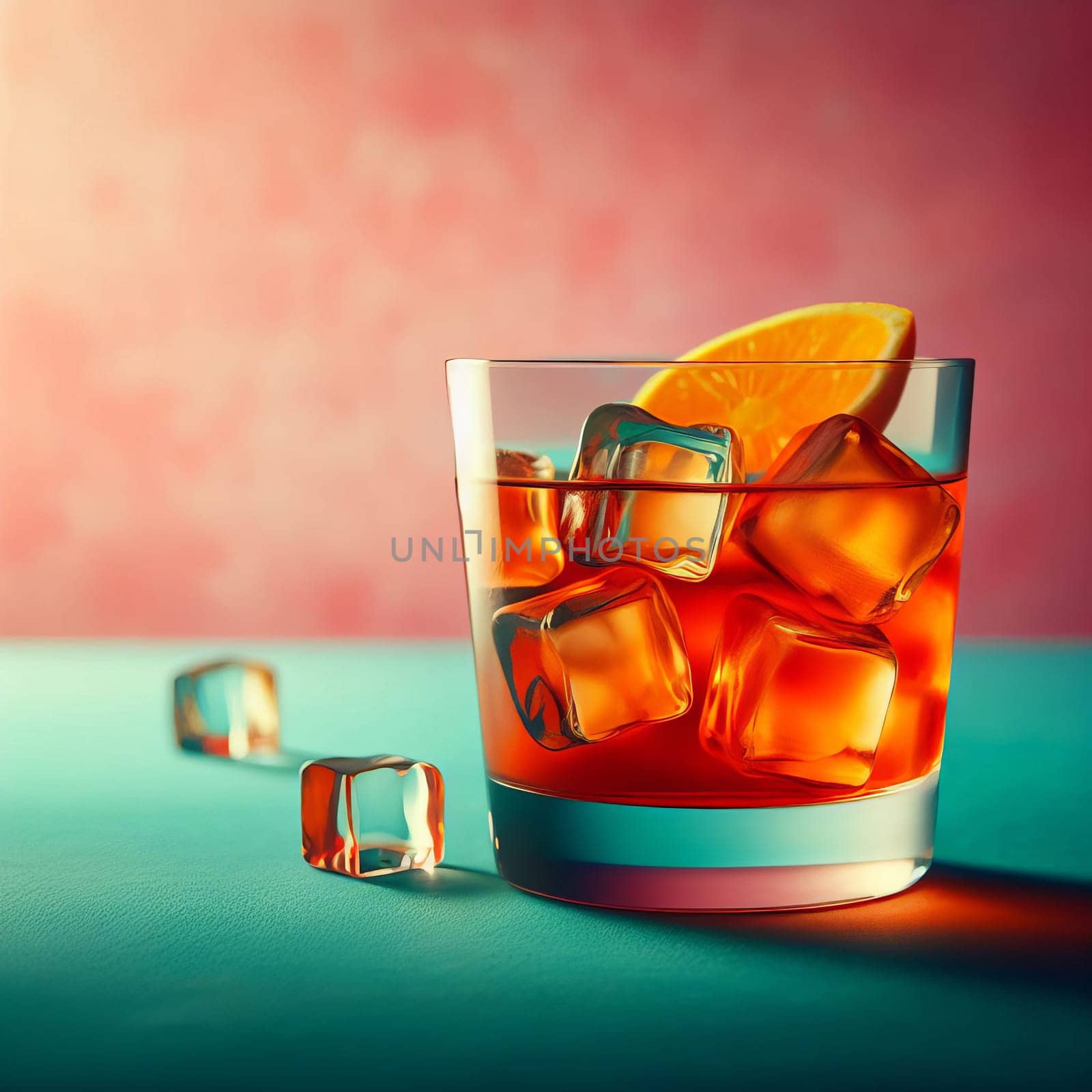 A whiskey glass with ice cubes and an orange slice on a teal backdrop. The image is vibrant and elegant
