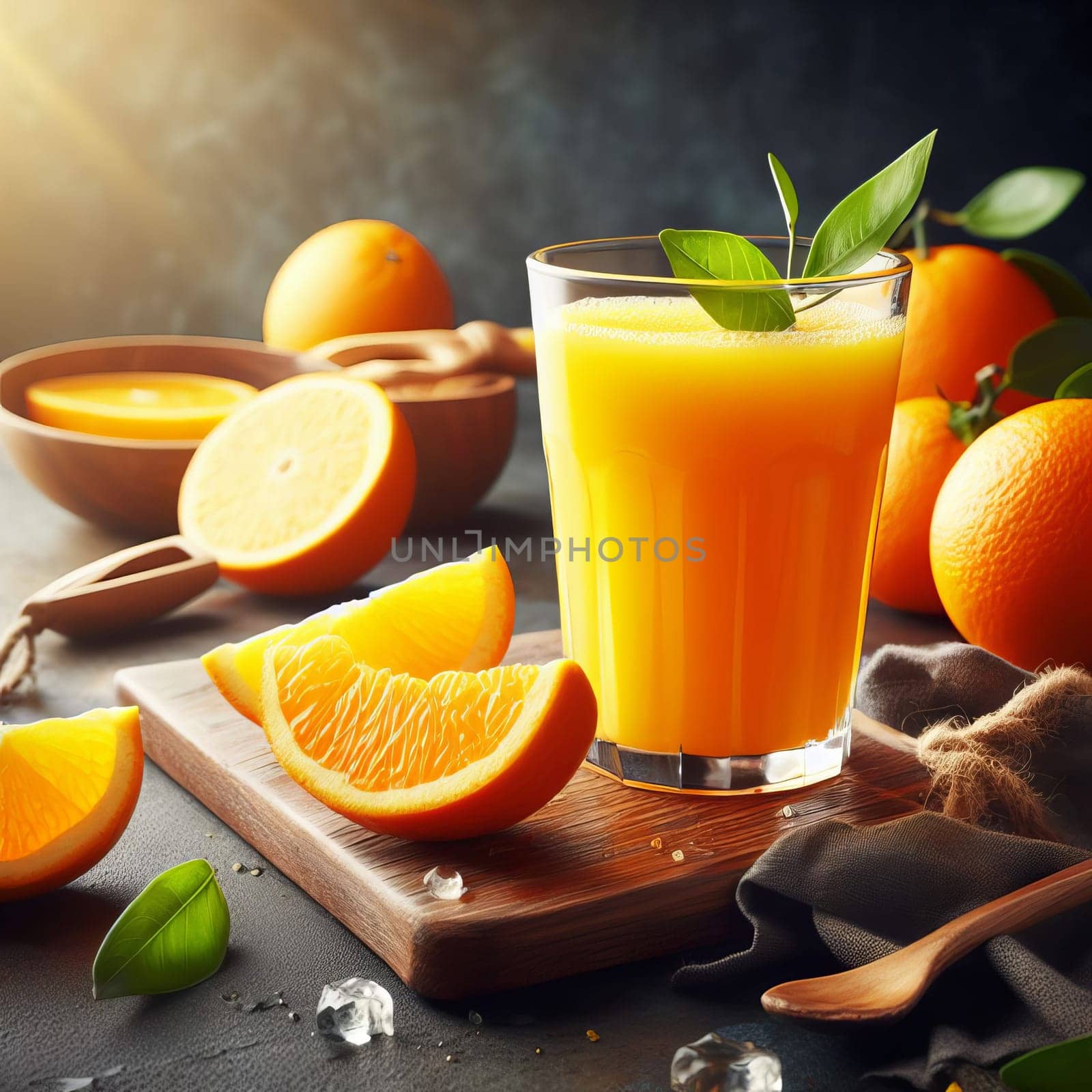 Fresh orange juice in a glass with ripe oranges and leaves on a wooden board with a dark background
