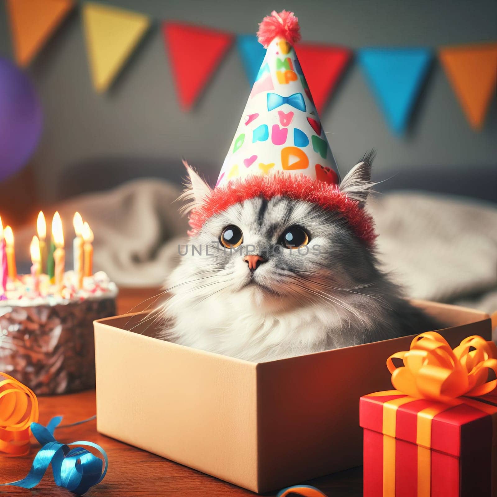 A cute grey cat wearing a party hat sits inside a gift box surrounded by birthday decorations. Candles, cake, ribbons, bows, balloons, and confetti add to the festive mood