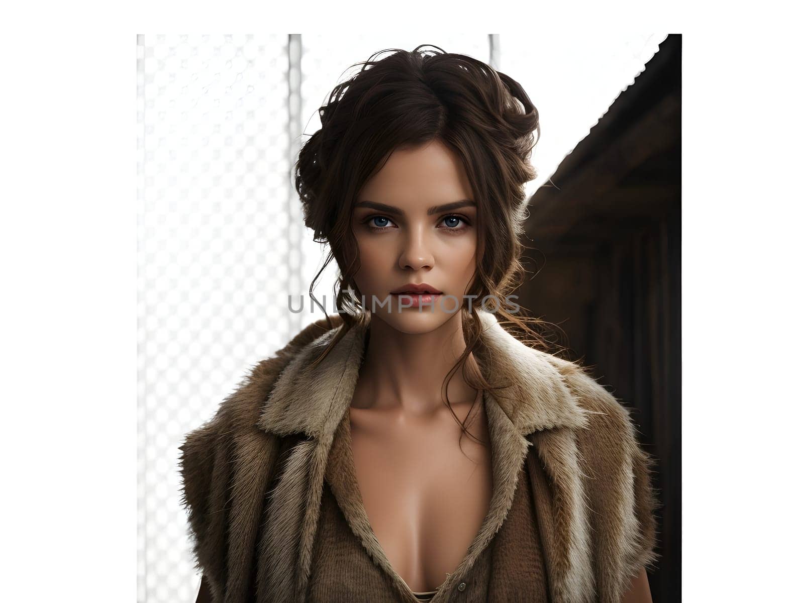 Young Woman with Brown Curly Hair in Elegant Apparel and Serious Expression