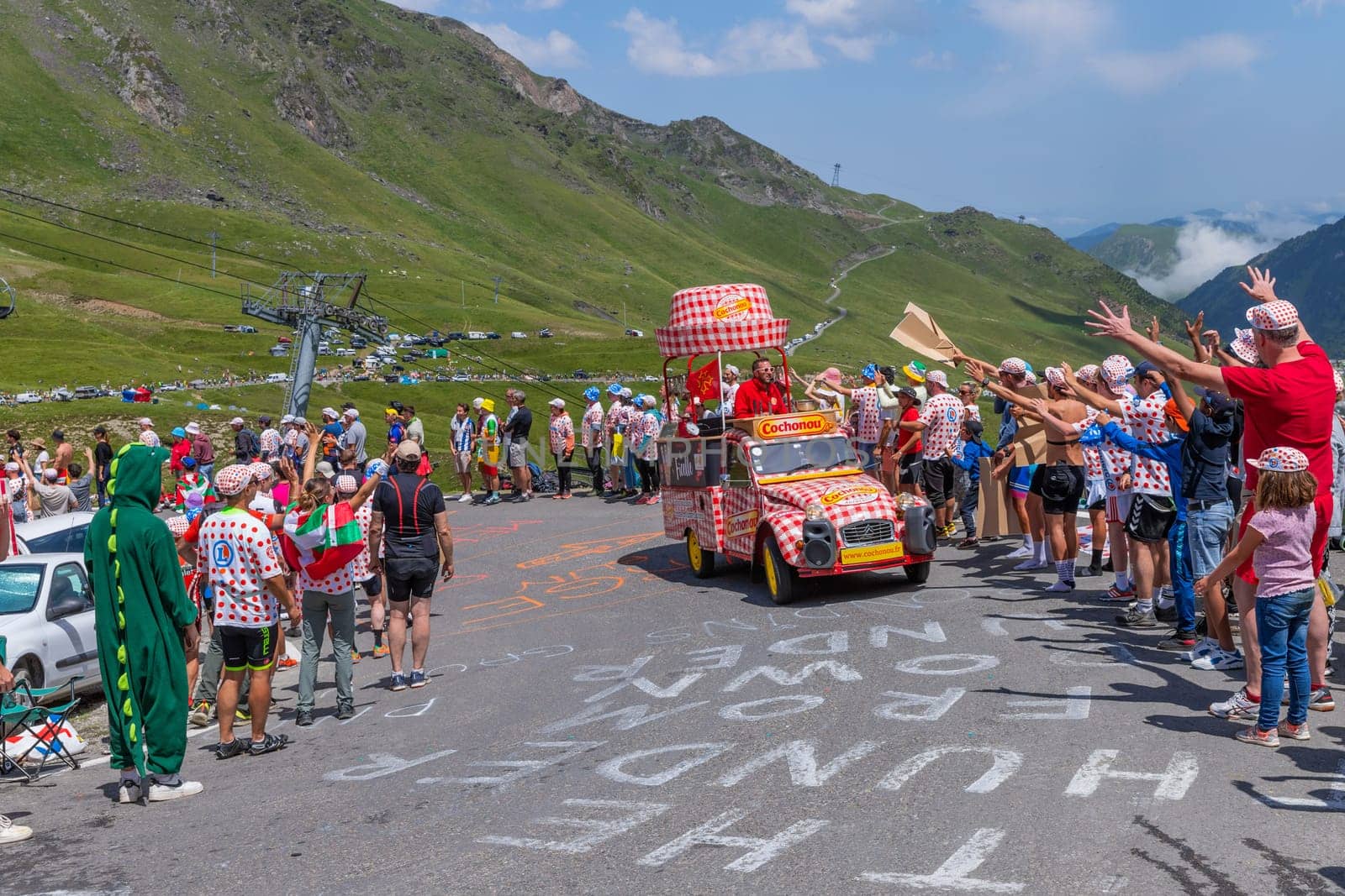 Col du Tourmalet, France - July 06 2023: Caravan car at the top of the Col du Tourmalet in Pyerenees mountains during the stage 6 of Le Tour de France 2023