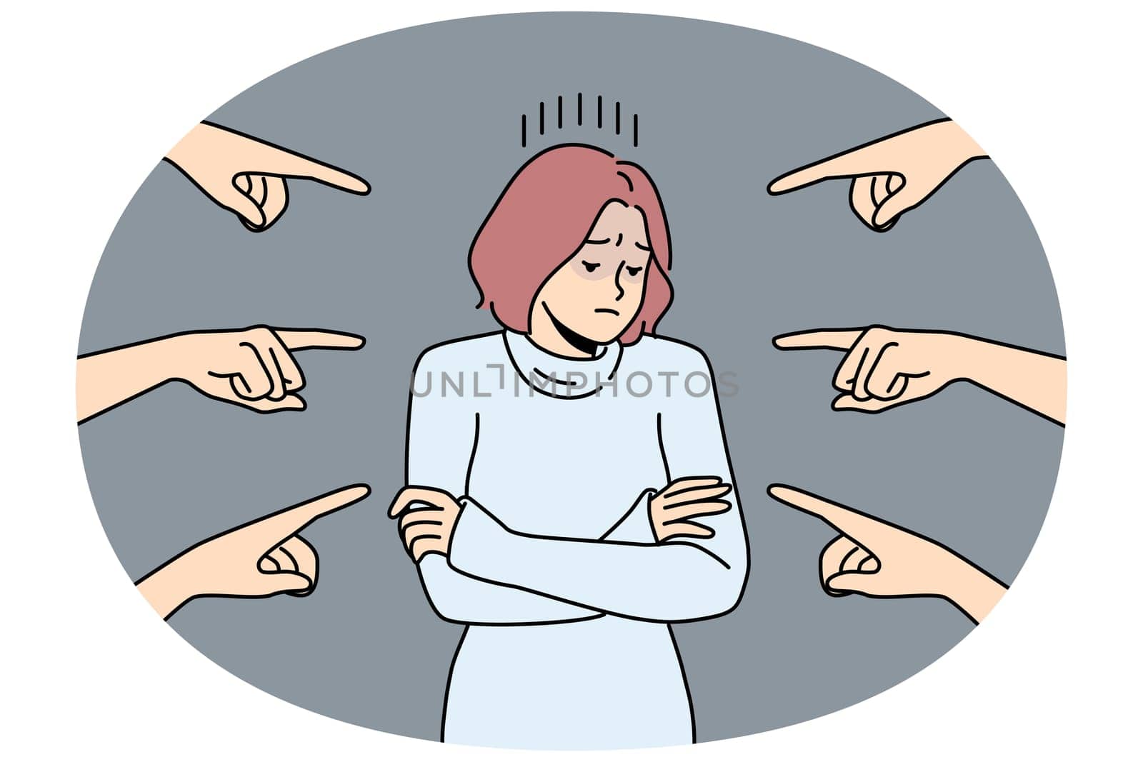 Distressed young woman stand surrounded by numerous fingers pointing. Unhappy female feel bullying and harassment in society. Vector illustration.