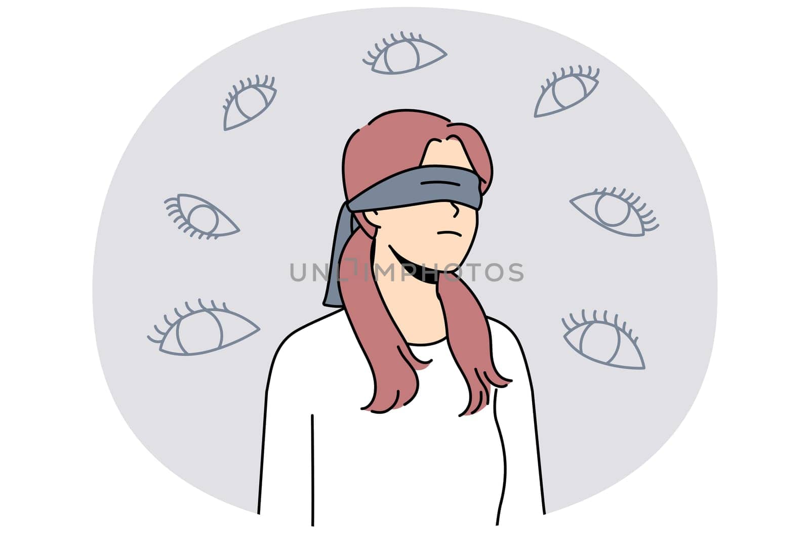 Young woman with cover on eyes feel stalked with various numerous eyes. Blindfolded female feeling paranoid. Mental health and paranoia. Vector illustration.