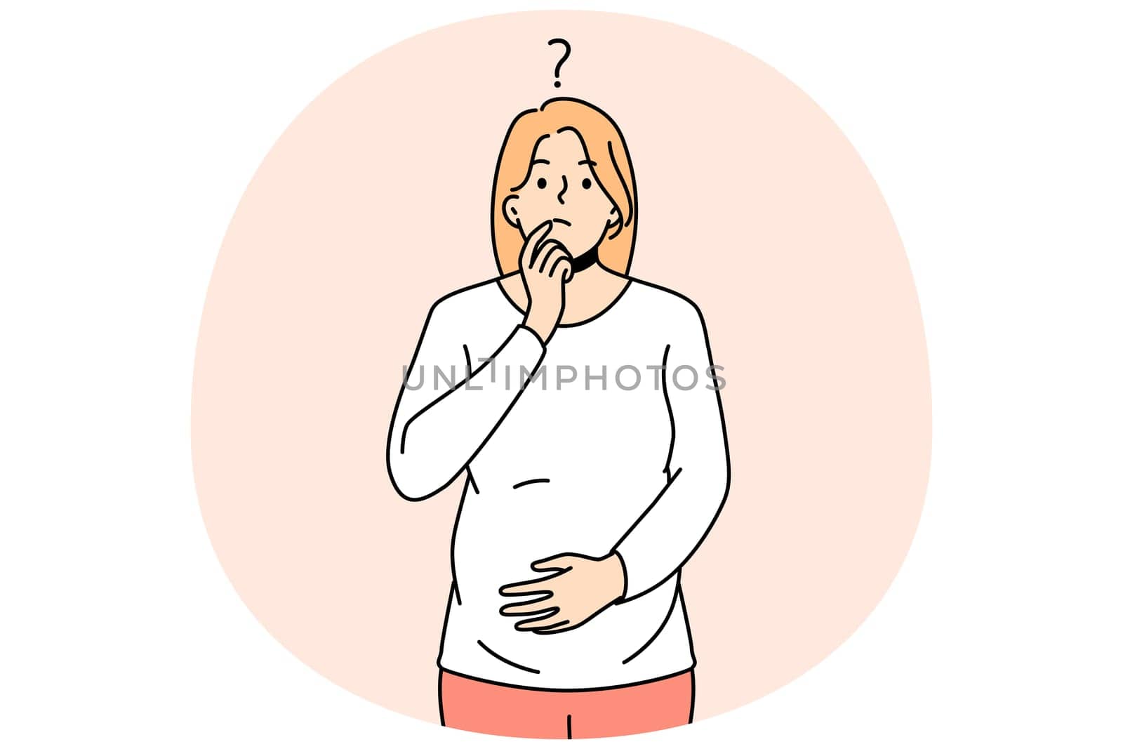 Frustrated young pregnant woman touch belly feeling doubtful thinking. Confused female feel questionable and unsure about pregnancy. Vector illustration.