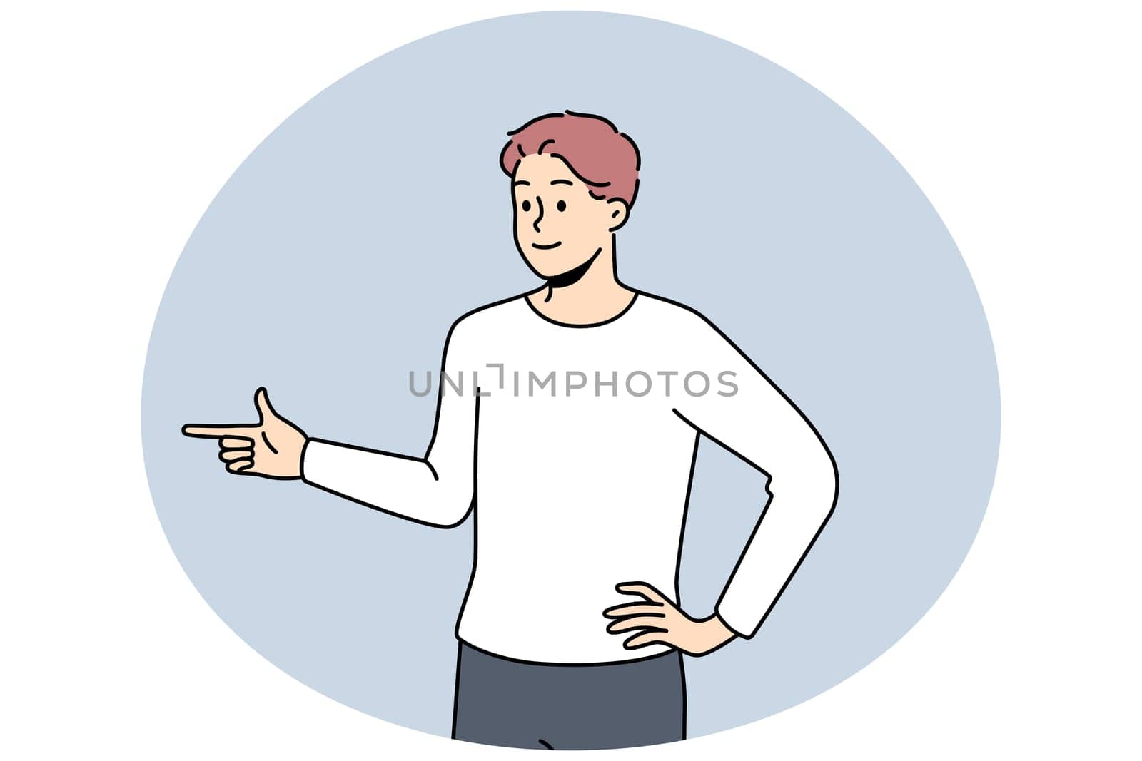 Smiling young man point aside demonstrate good deal or offer. Happy man recommend sale or promotion. Client feedback concept. Vector illustration.