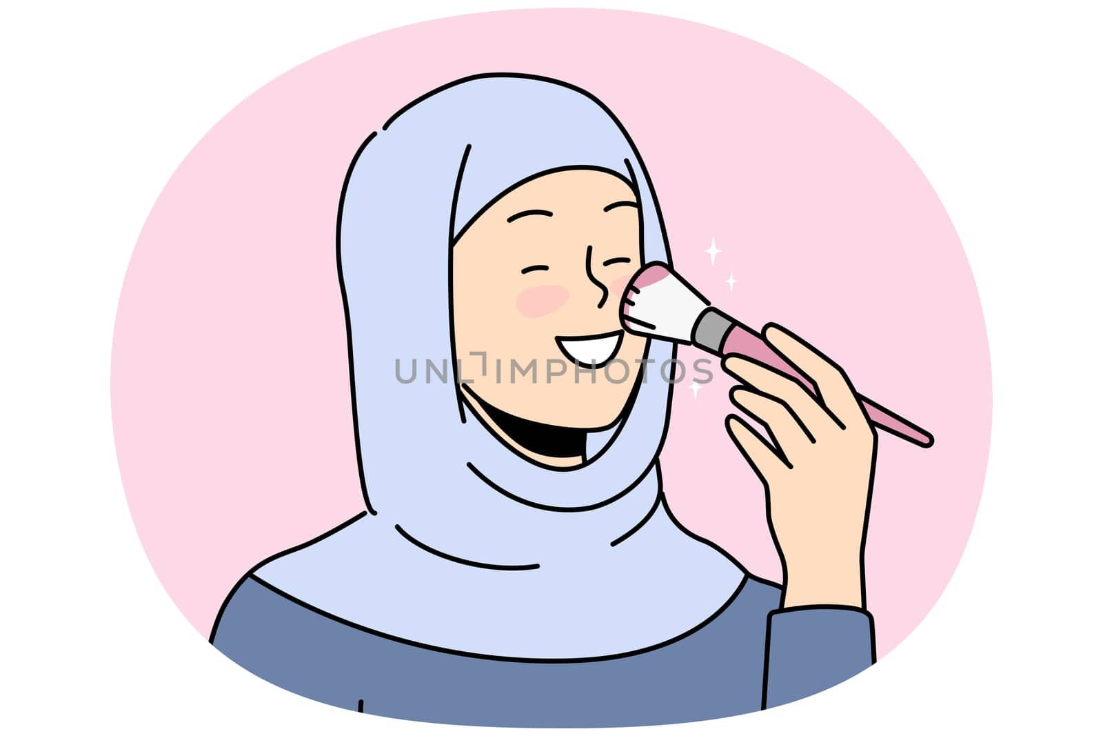 Smiling young Arabic woman in hijab doing makeup. Happy arab female with powder brush get ready do daily beauty routine. Vector illustration.