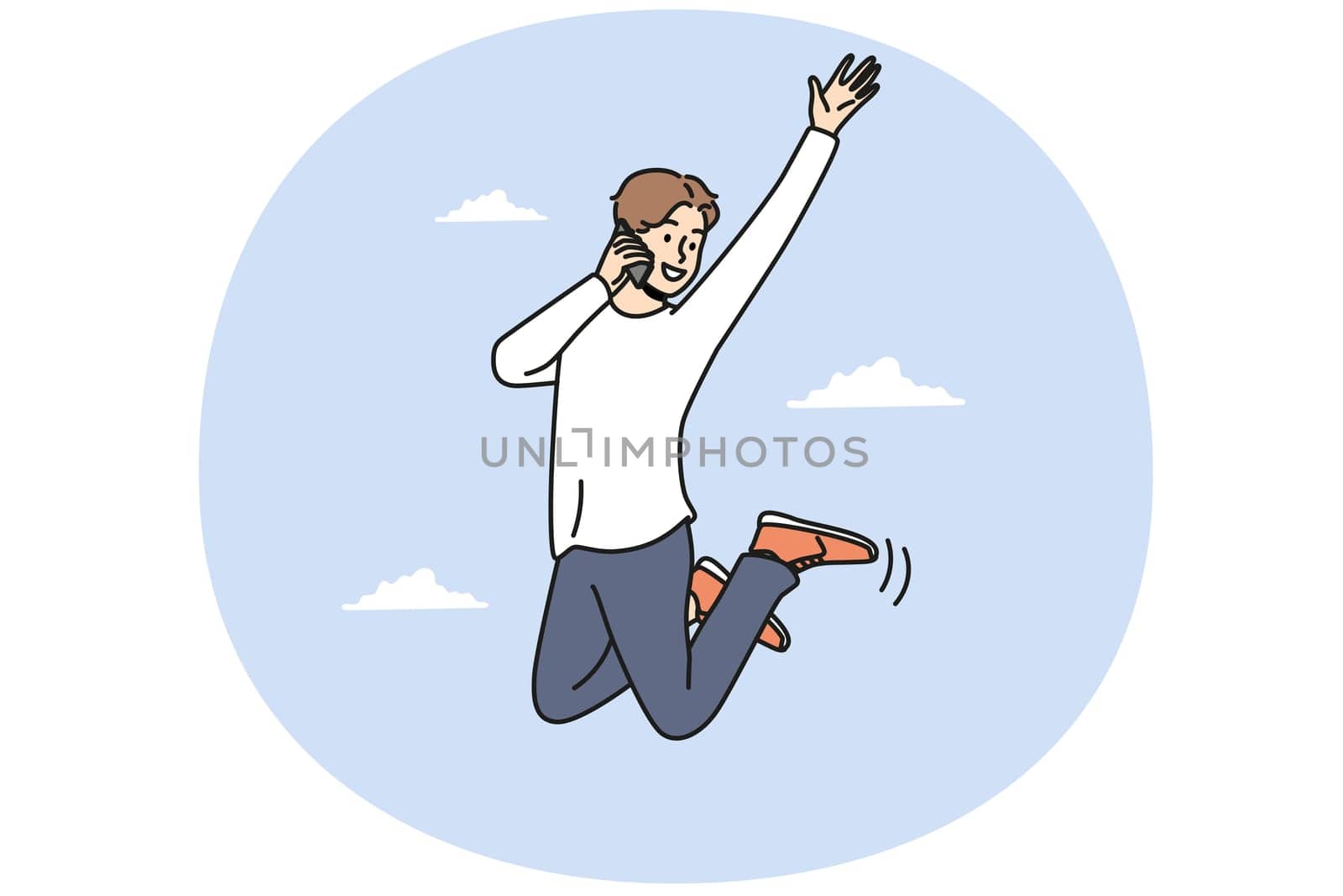 Overjoyed young man jumping in air talking on cellphone. Smiling guy feel excited and triumphant speaking on smartphone. Vector illustration.