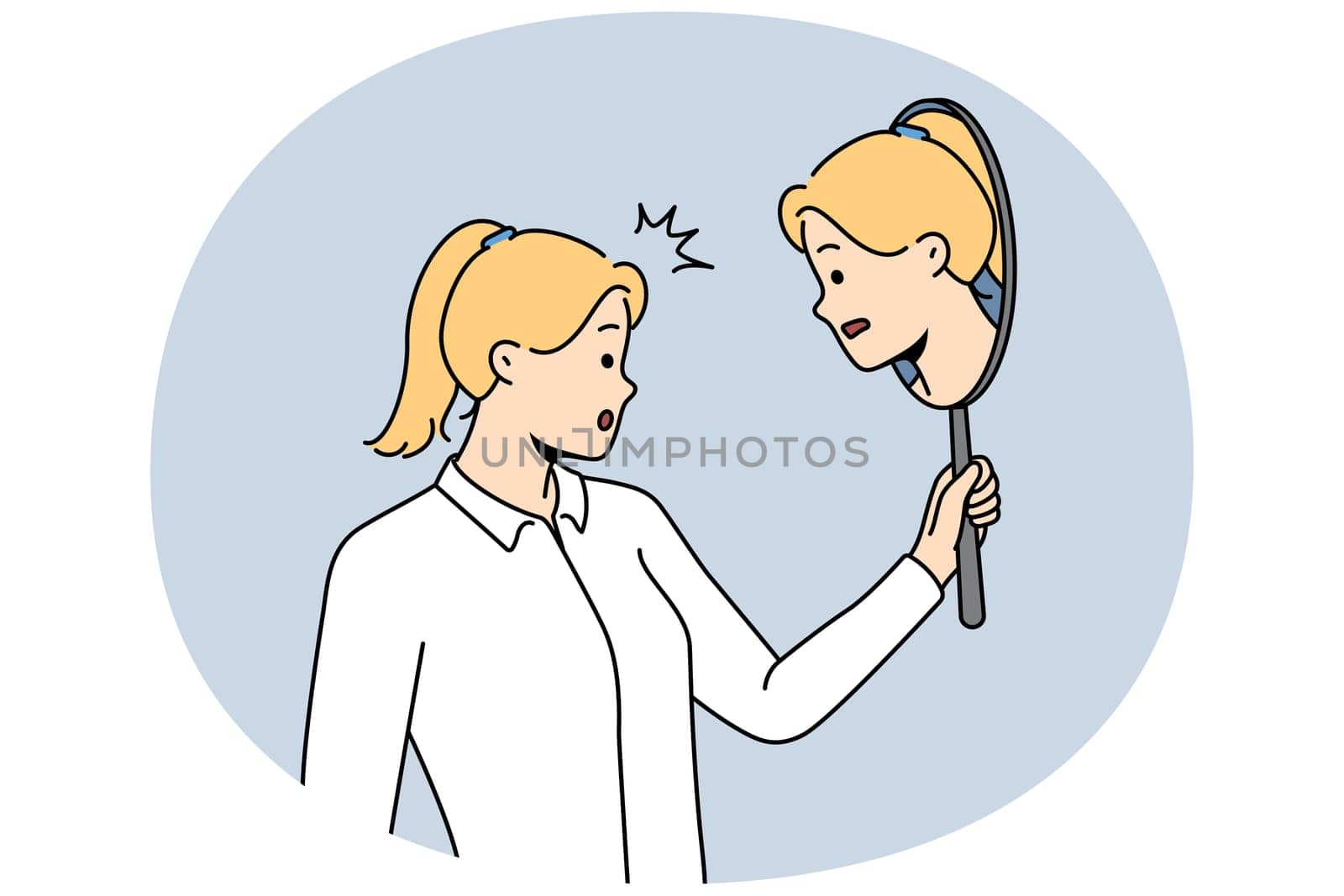 Woman looking in mirror thinking of different part of self. Young female consider aspects of inner identity. Self-awareness and oneness. Vector illustration.