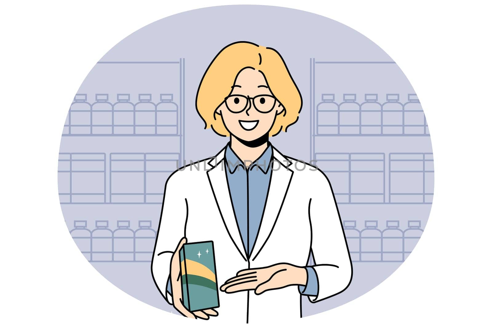 Smiling female pharmacist recommend medication in drugstore. Happy woman specialist in uniform show at bottle give recommendation to medicament. Vector illustration.