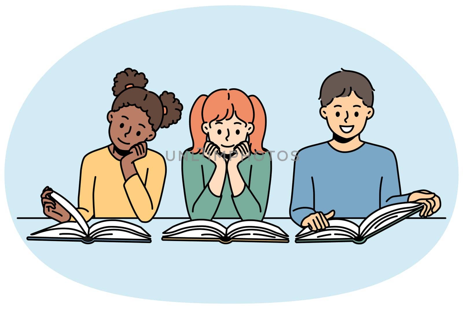 Smiling diverse kids sitting at table reading books. Happy multiethnic children have fun enjoy literature or learning. Education. Vector illustration.
