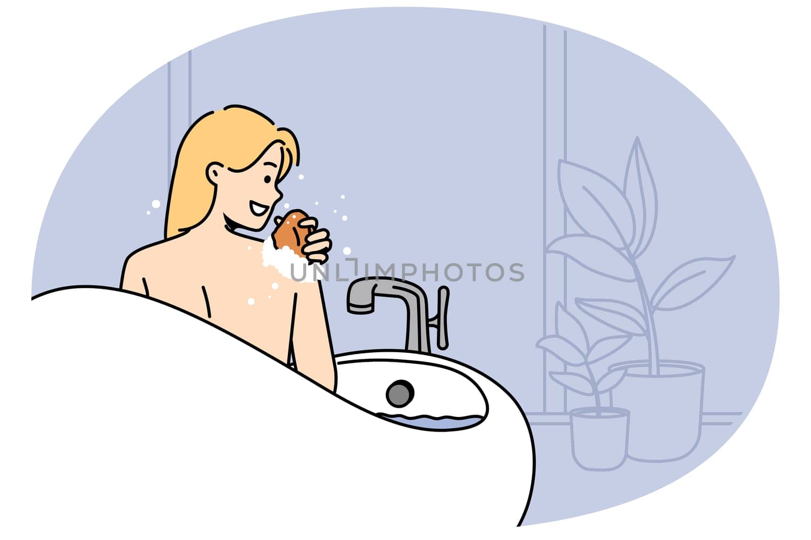 Smiling young naked woman washing in bathtub at home. Happy girl rubbing back with sponge enjoy hot bath in bathroom. Hygiene concept. Vector illustration.