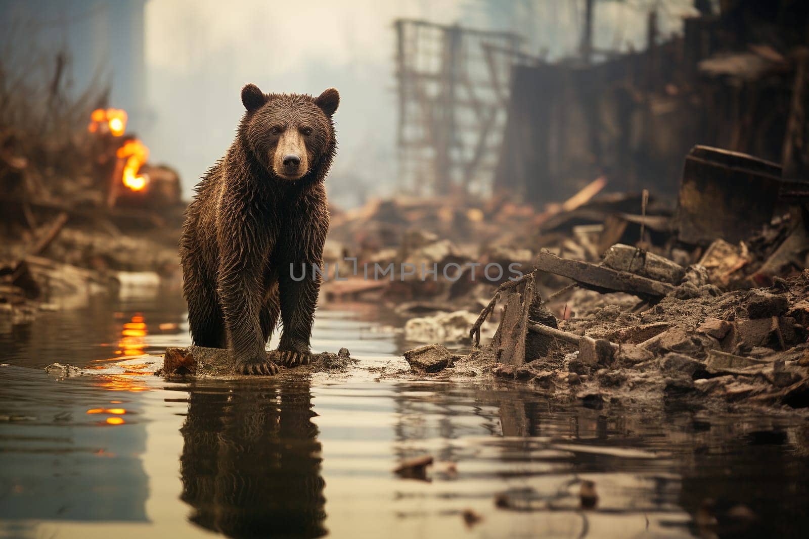 Bear in destroyed town, disaster for wildlife animals, damage of the environment and ecosystem, climate change, earth day