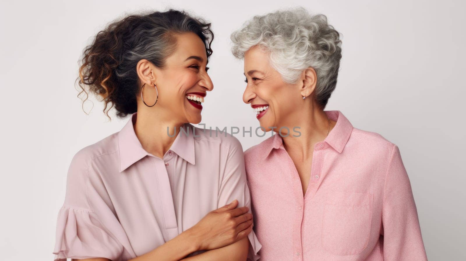Couple of friends, seniors or laughing hug. Smile, happy women or bonding retirement elderly in love trust embrace. artificial art