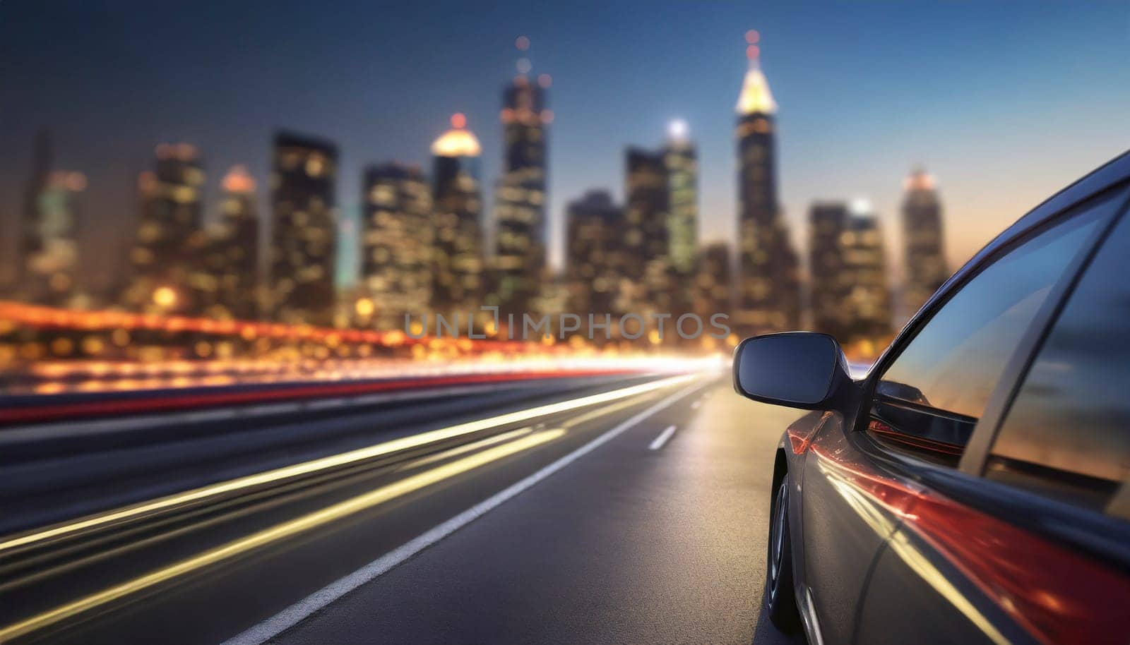car on the road with motion blur background and modern city skyline. AI generated