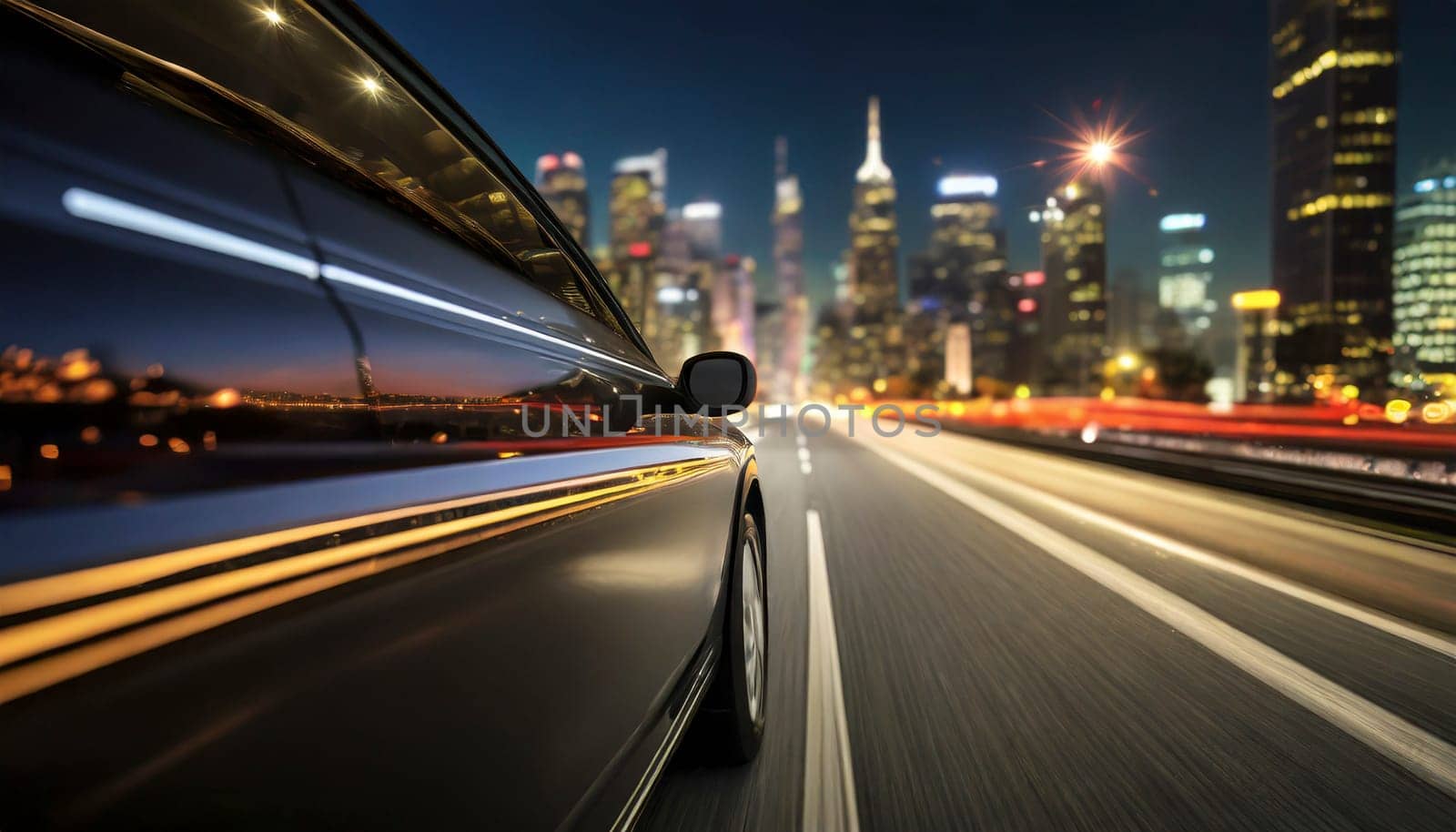 car on the road with motion blur background and modern city skyline. AI generated