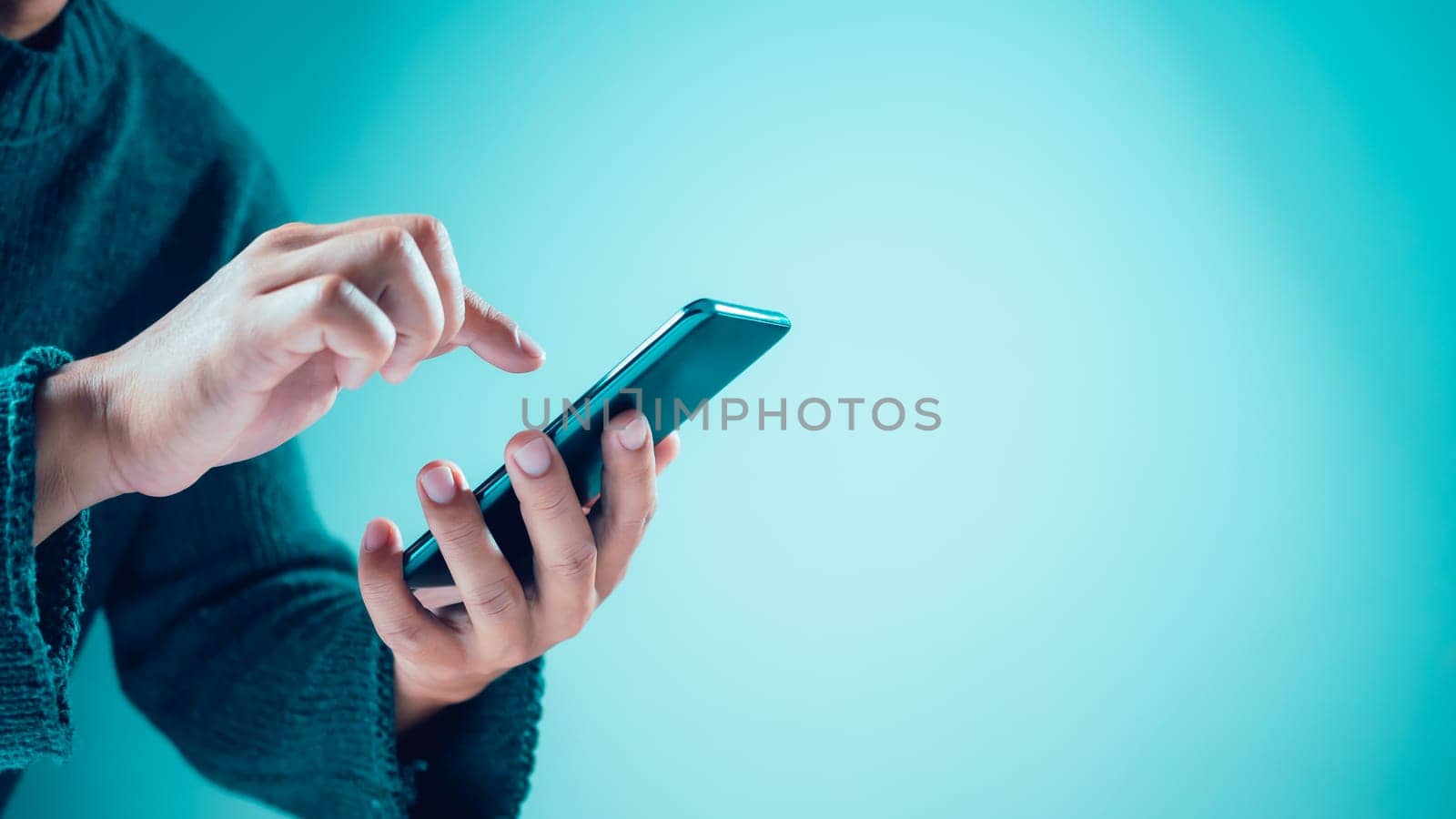 Website page, contact us or email marketing concept, customer support hotline, contact us. Human uses smartphone on blank background. Email, phone, address, chat message icon.