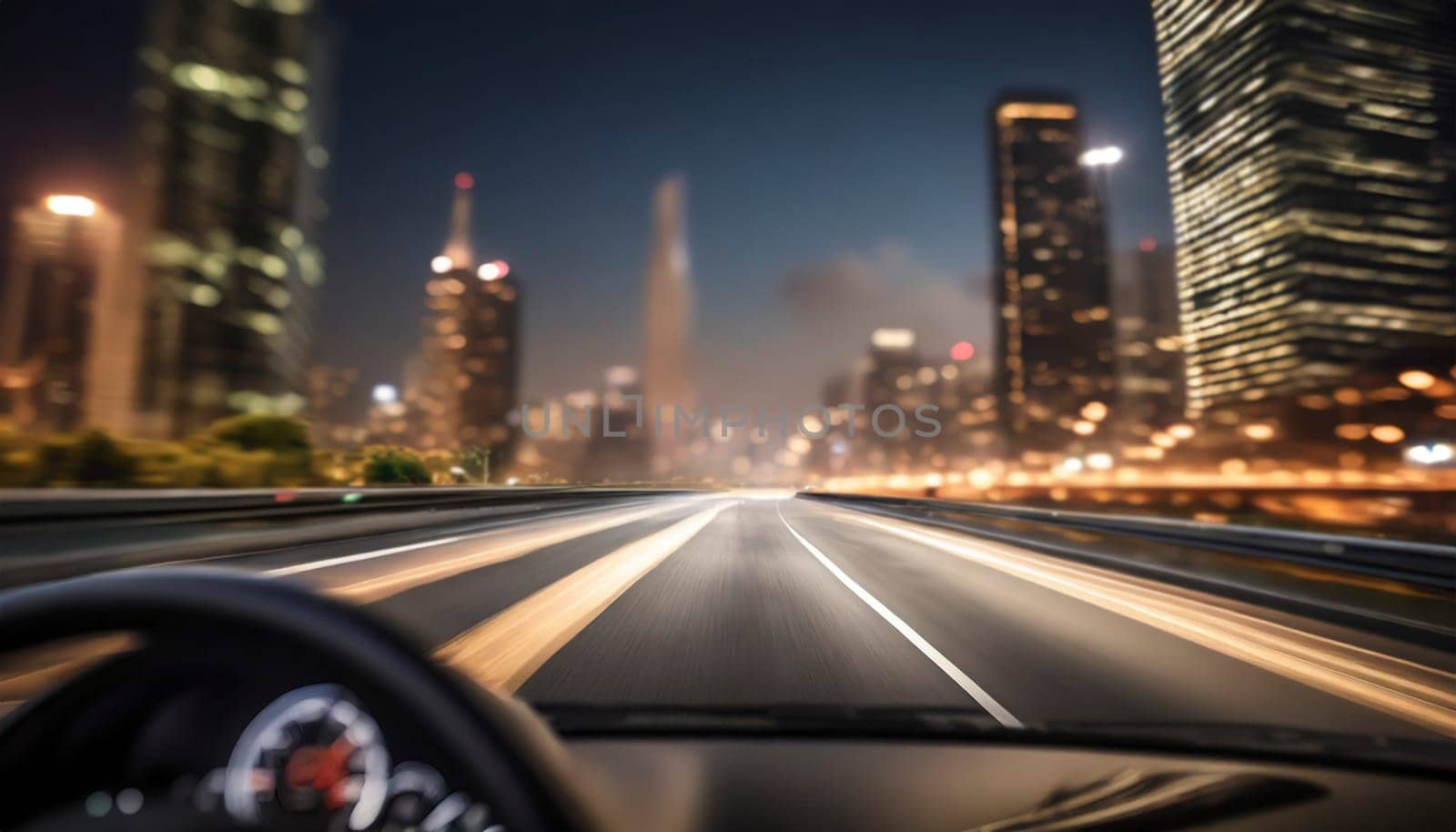 car on the road with motion blur background and modern city skyline. AI generated