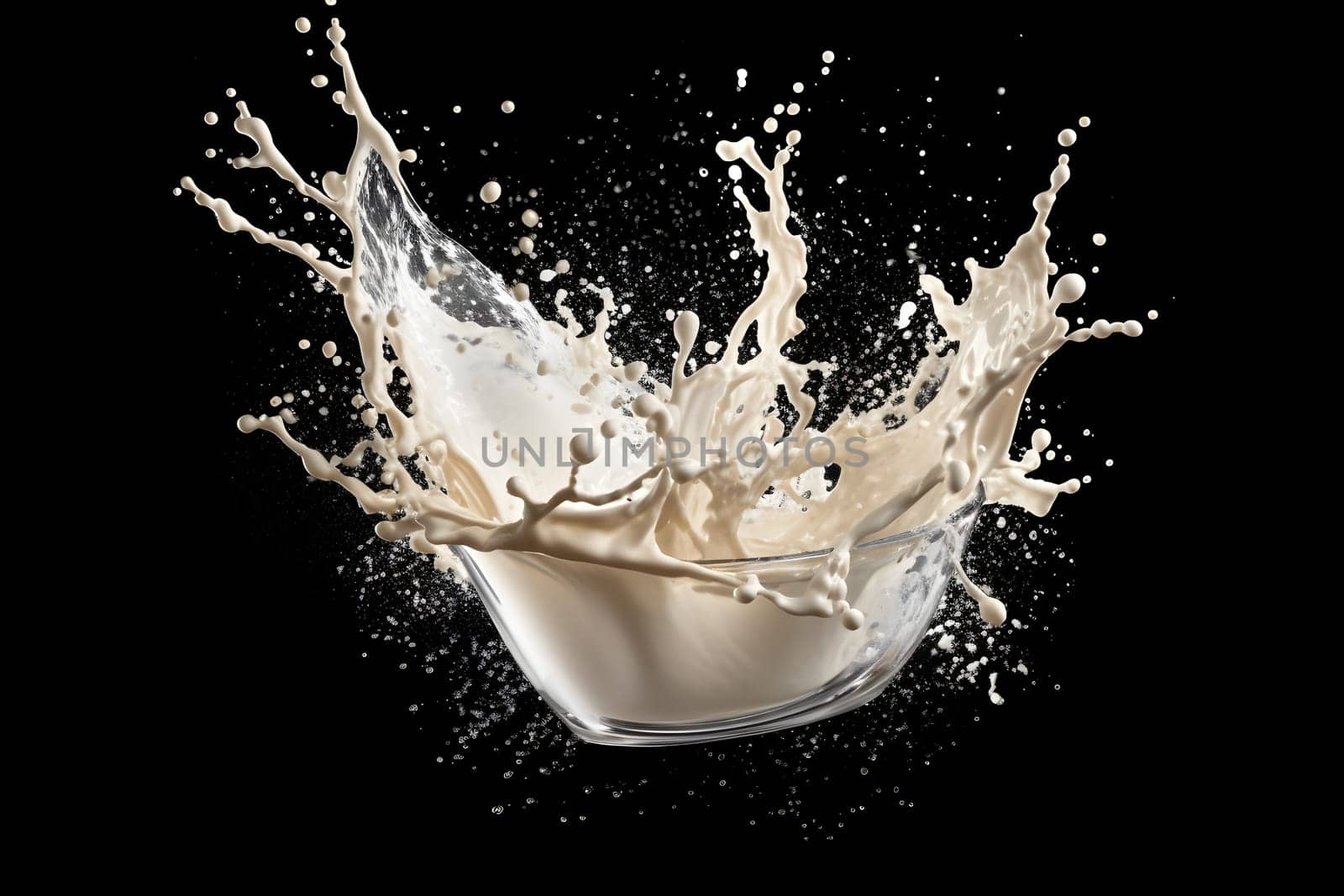 Milk or yogurt splashes beautifully like a work of art in a clear glass container on plain background There is enough light. Suitable for use in advertising about milk whether it's food or cosmetics.