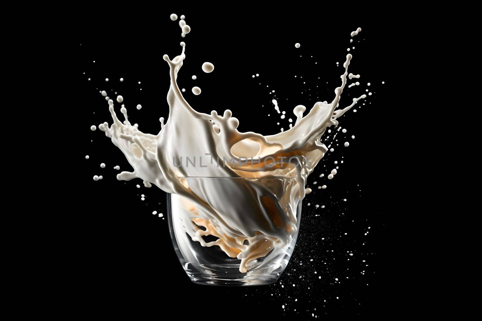 Milk or yogurt splashes beautifully like a work of art in a clear glass container on plain background There is enough light. Suitable for use in advertising about milk whether it's food or cosmetics.